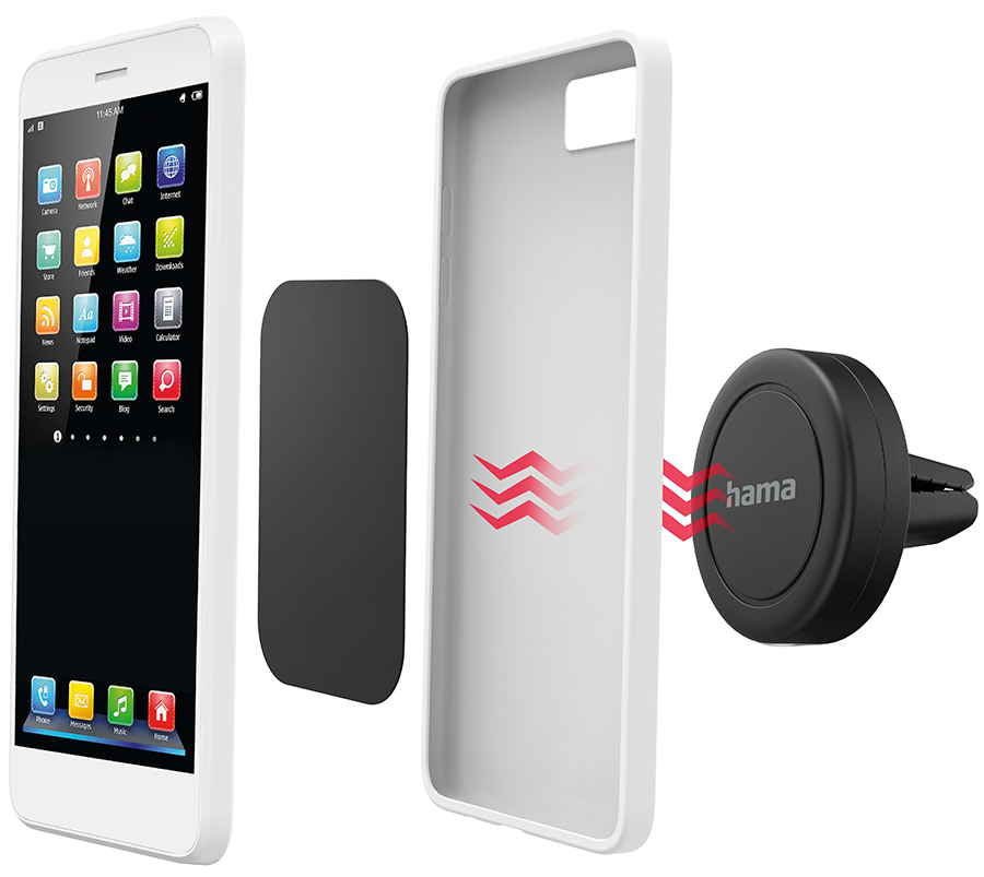 White smartphone, case, and a magnetic car mount. White background.