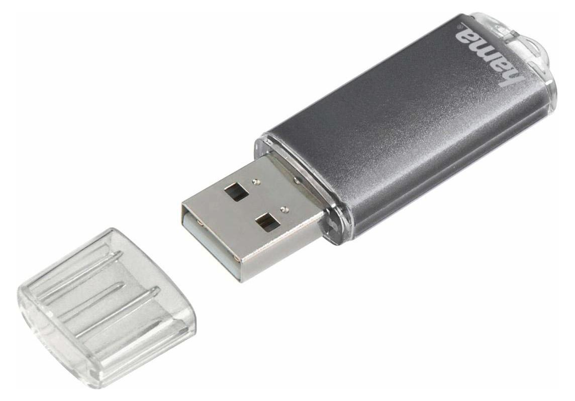 Ezüst és átlátszó USB flash meghajtó, rajta a 'hama' szóval, fehér háttér előtt.