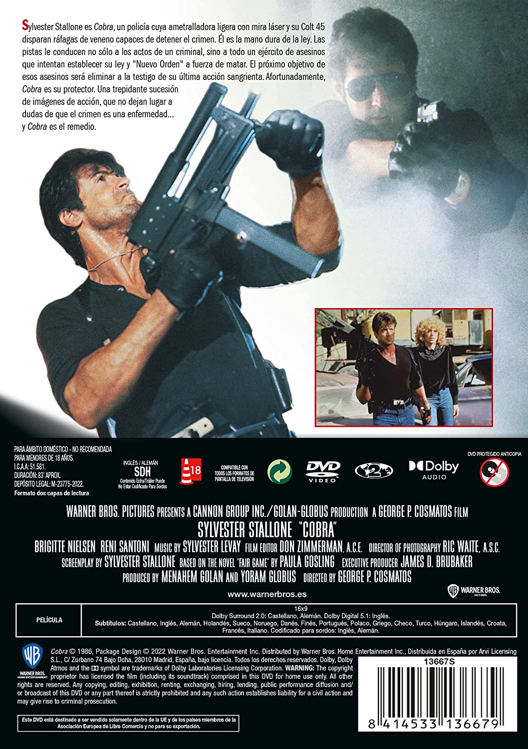 Parte trasera de la caja de DVD con el póster de la película, un hombre sosteniendo una pistola. Texto en español. Título de la película: Cobra.