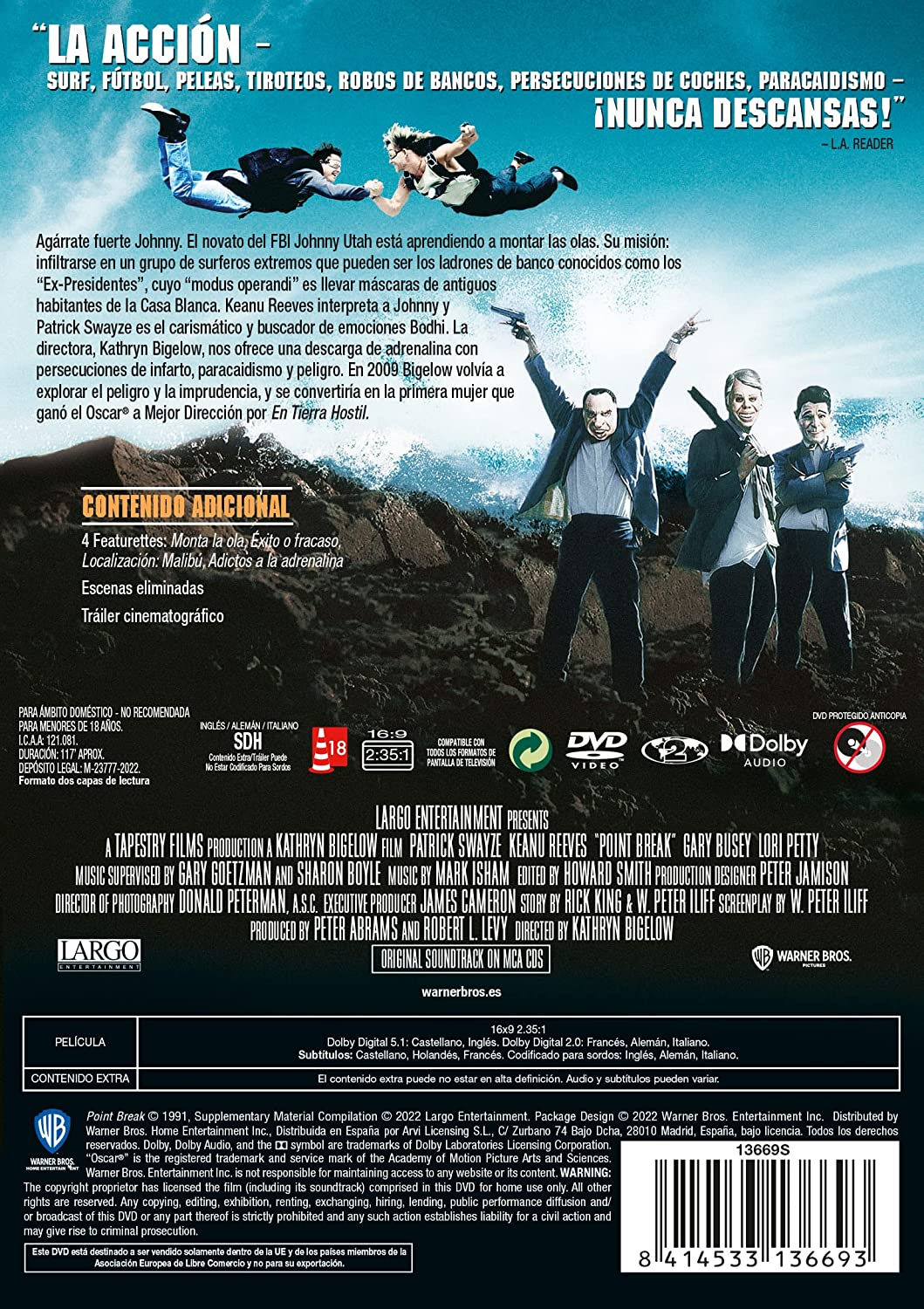 Parte trasera de una caja de DVD con detalles de la película y actores. Tiene un póster de la película con texto.