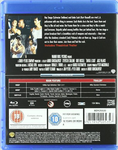 La parte trasera de una caja de Blu-ray con detalles de la película, actores, clasificaciones y borde azul.