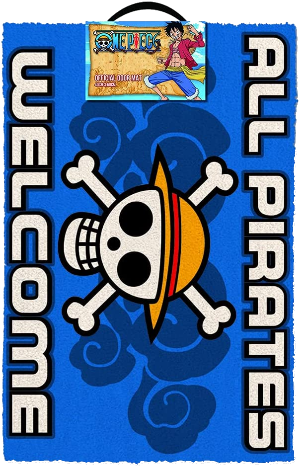 Felpudo - Sherwood One Piece: All Pirates Welcome, Fibra de coco gruesa, 60x40 cm, Azul