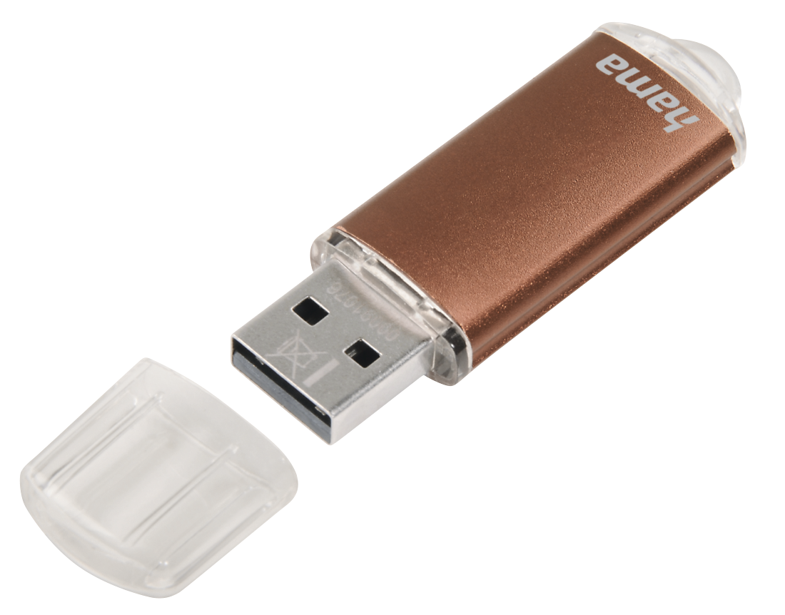 Egy bronz színű USB kulcs, levehető kupakkal, melyen a USB csatlakozó és a Hama márkanév látható.