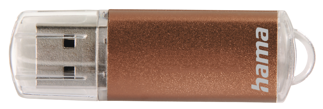 Egy USB flash meghajtó bronz testtel és átlátszó műanyag kupakkal. A hama szó rajta van.