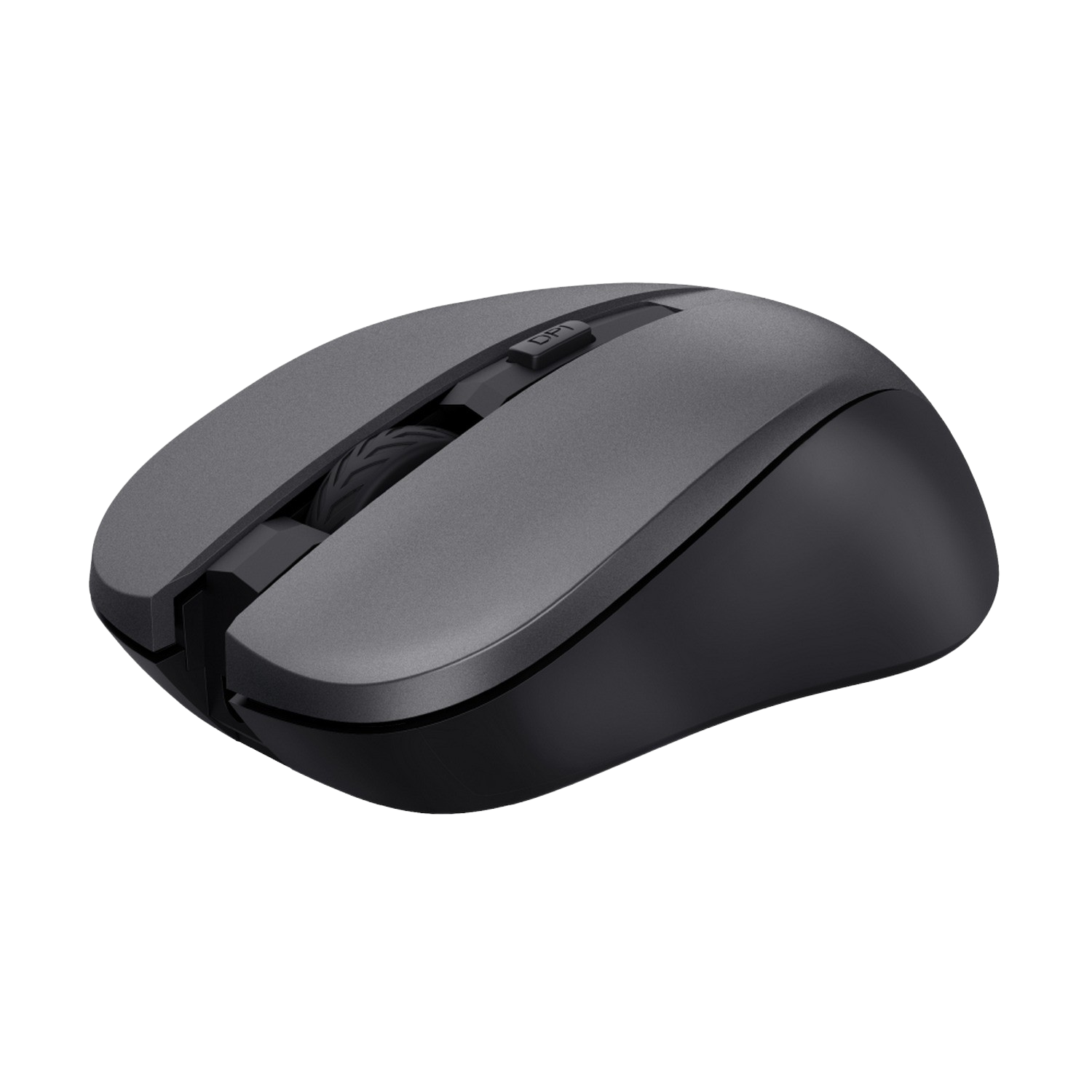 Een grijze en zwarte computermuis met een scrollwiel en DPI-knop op een donkere achtergrond.