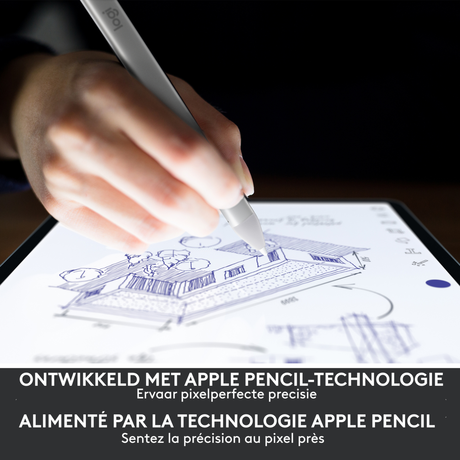 Person drawing on a tablet with an Apple Pencil, with the text 'ONTWIKKELD MET APPLE PENCIL'.