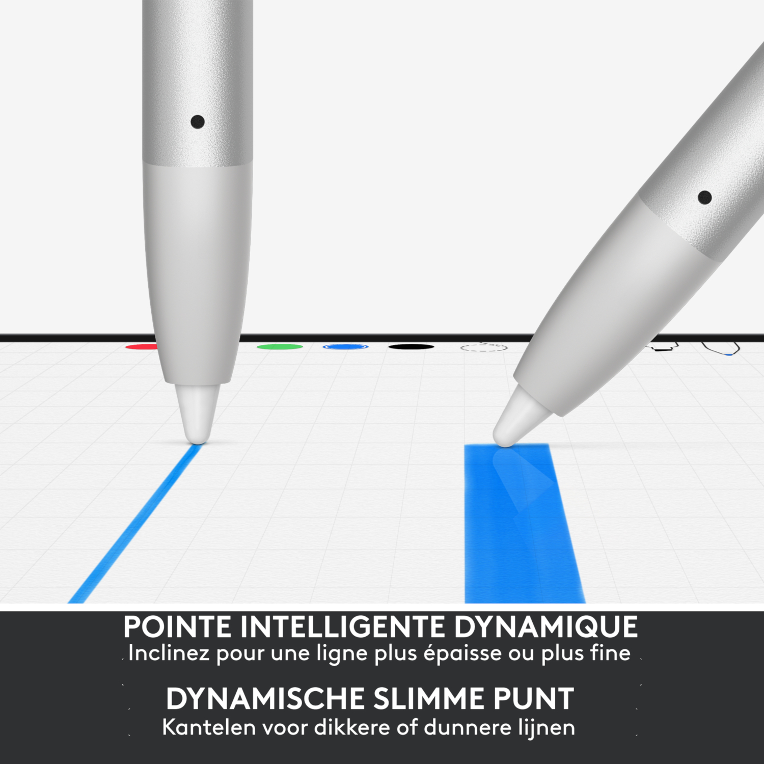 Two styluses drawing lines. Blue line and a broader blue filled rectangle. Text in French and Dutch.
