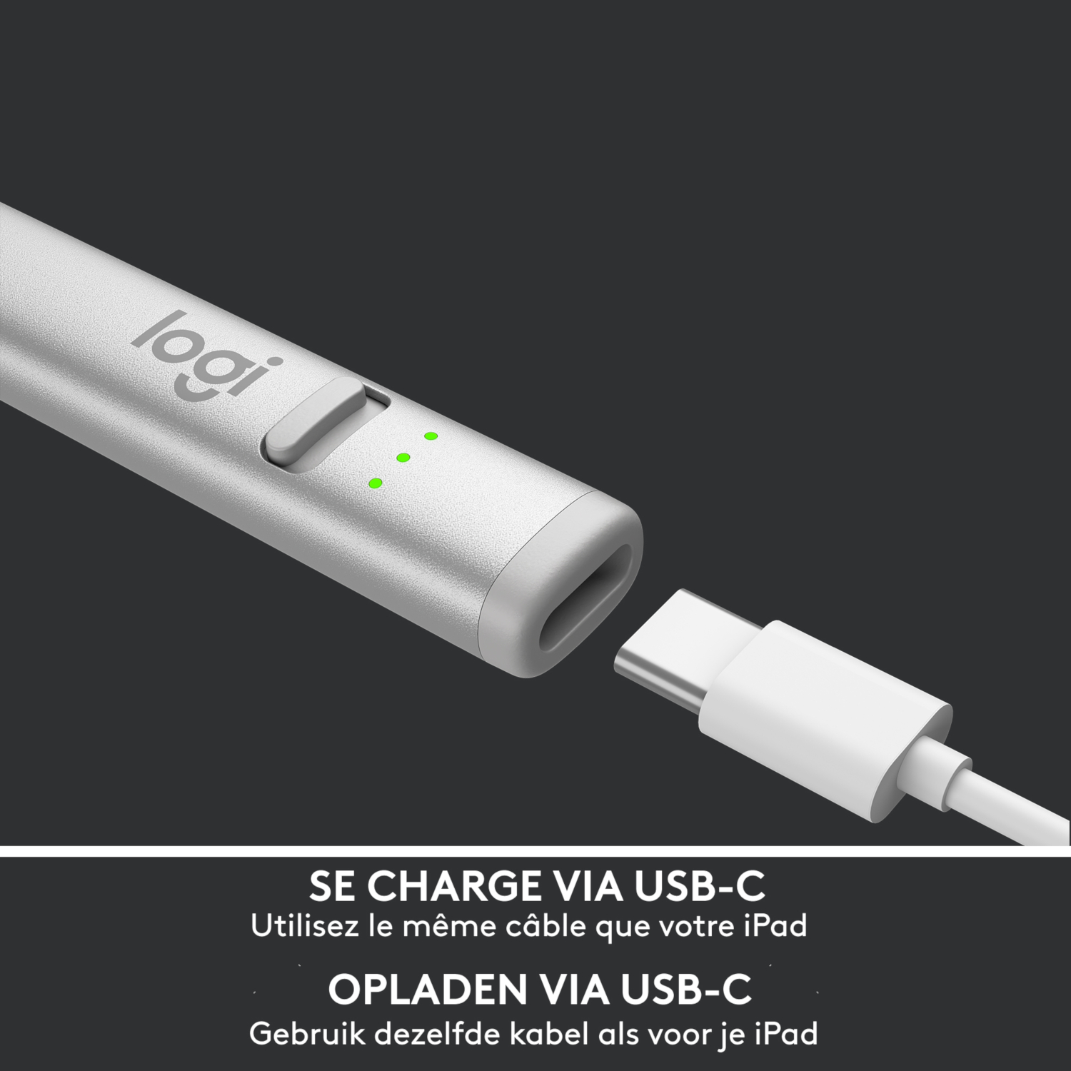 Silver pen with USB-C connector, charging via USB-C text below.