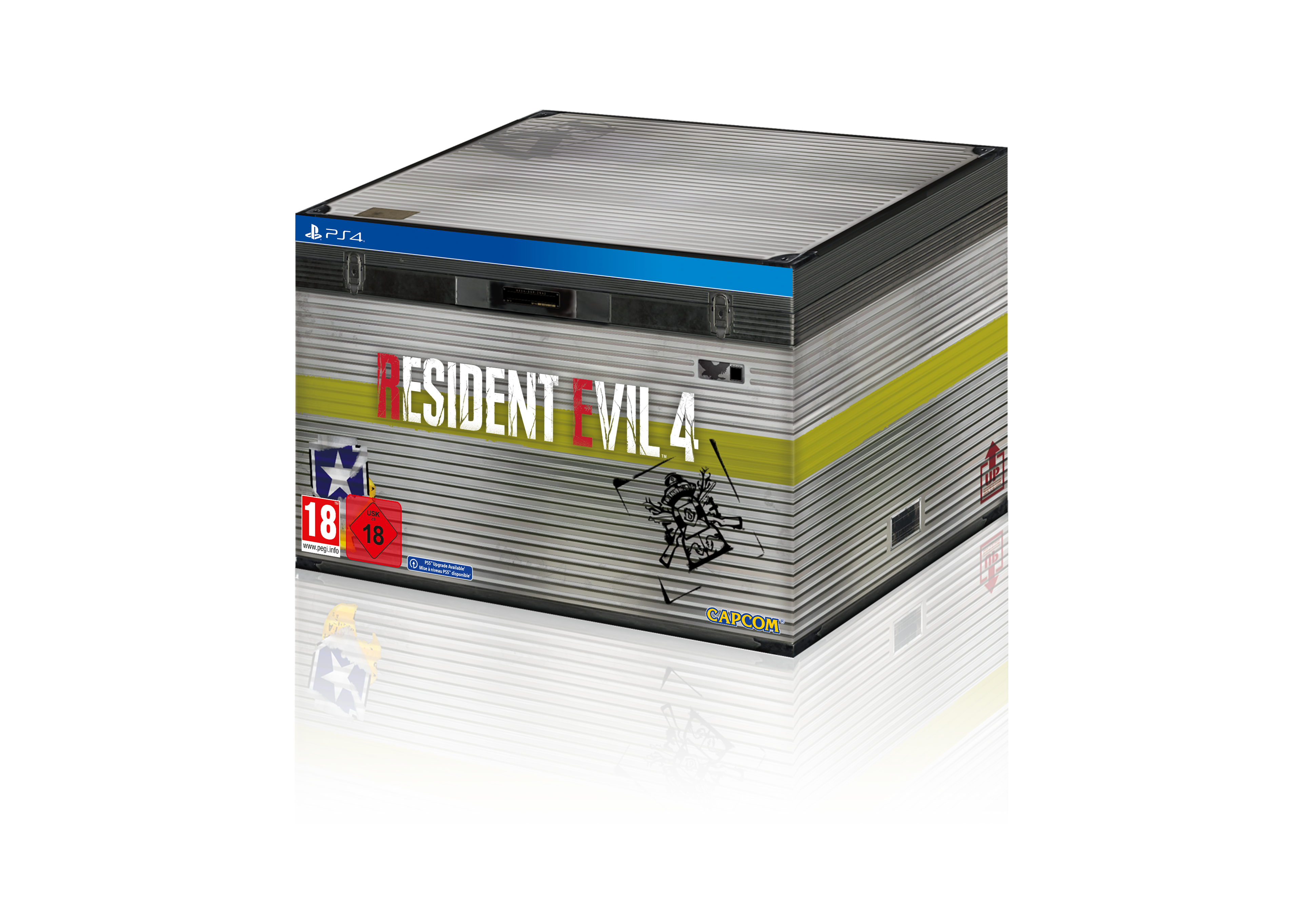Spielbox mit gestapeltem Resident Evil 4 und PS4-Logo.