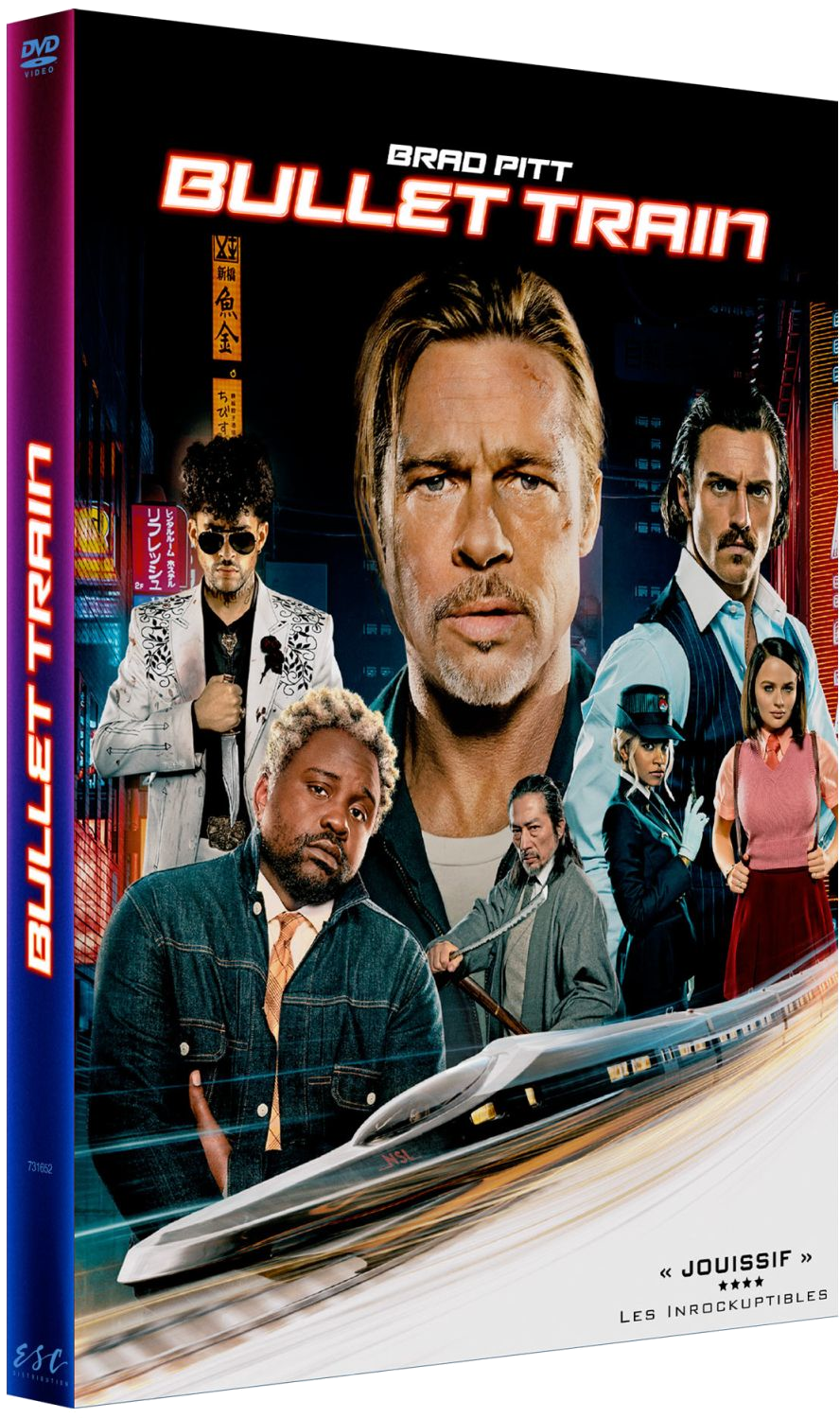 Couverture DVD de 'Bullet Train' avec Brad Pitt et d'autres acteurs. Un train et une ville sont en arrière-plan.