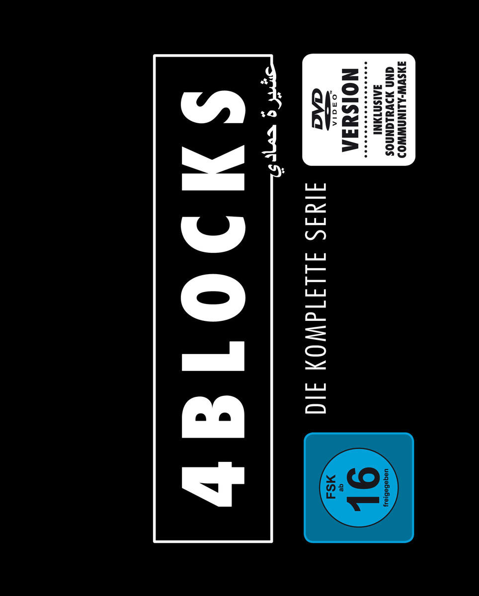 DVD-Cover für "4 Blocks" mit weißem Titel, FSK-16-Bewertung und arabischer Schrift.