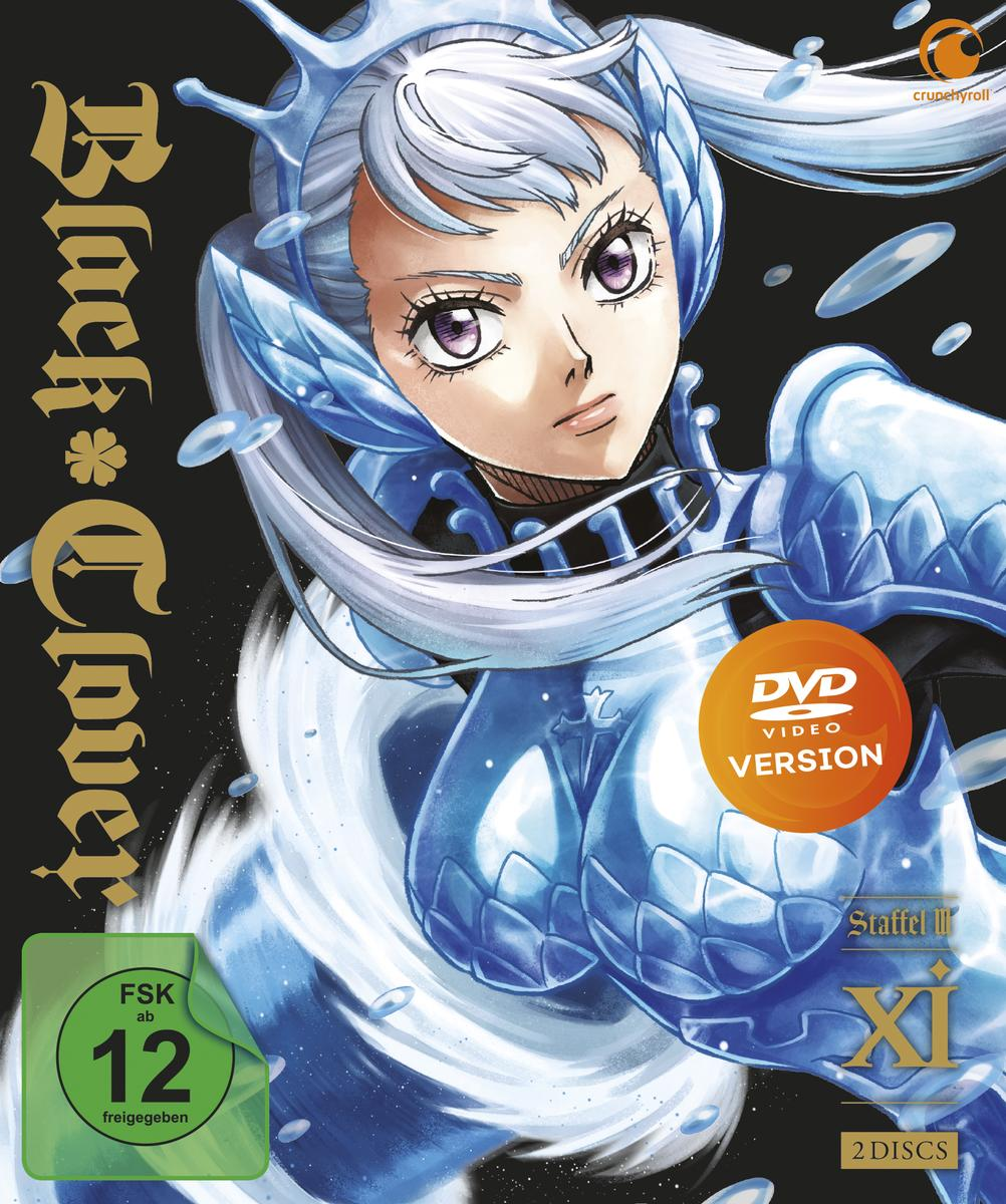 Anime-Cover. Eine Frau mit weißen Haaren und Rüstung. Der Titel ist Black Clover. DVD-Version.