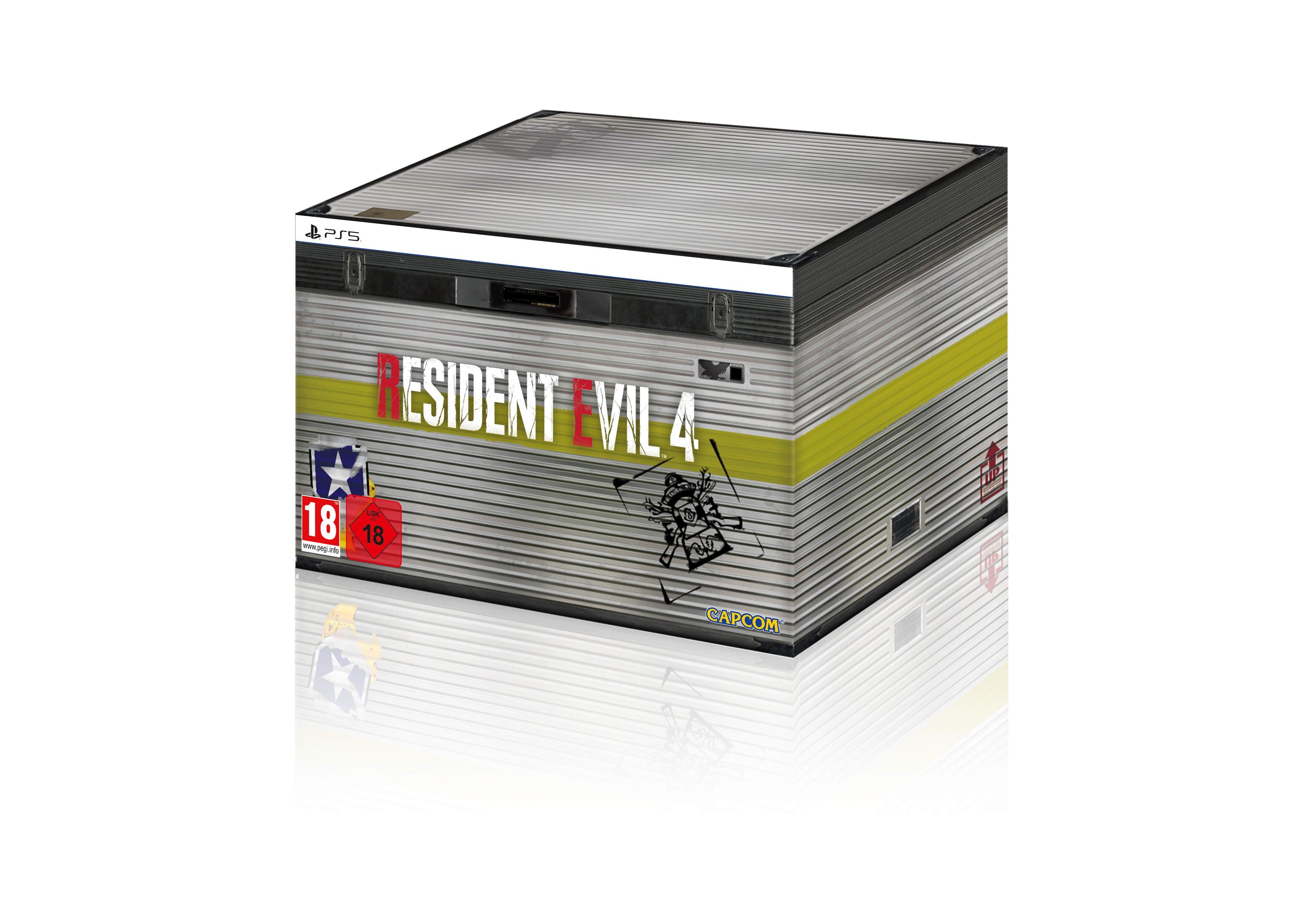 Resident Evil 4 PS5 Spielbox-Set. Enthält eine gestapelte Box mit Bildern und Text zum Spiel.