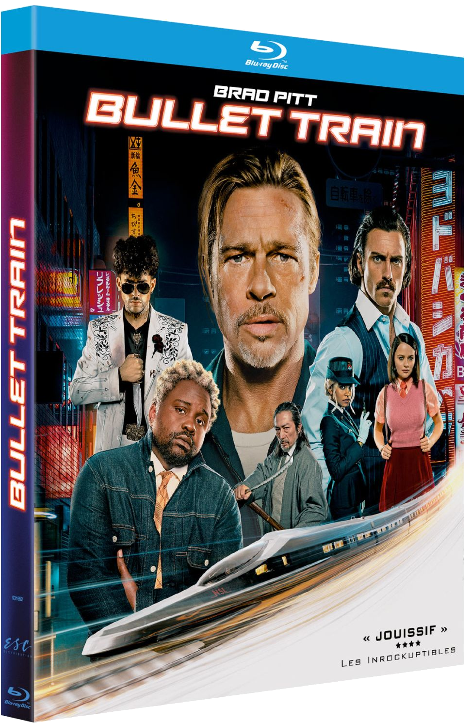Jaquette Blu-ray du film 'Bullet Train', avec Brad Pitt et d'autres acteurs, sur un fond de ville.