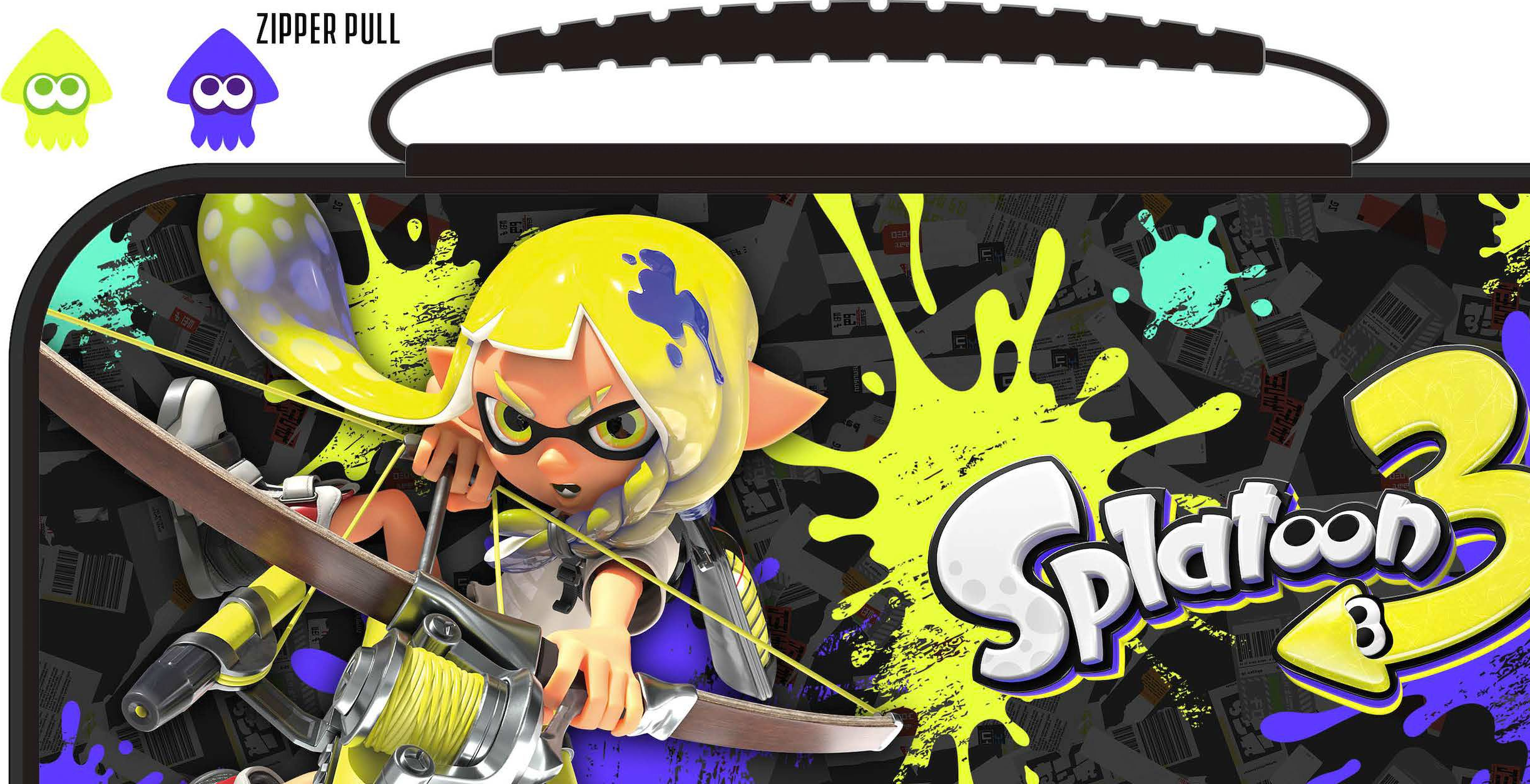 Una custodia nera di Splatoon 3 con un personaggio dei cartoni animati. Il testo 'Splatoon 3' è visibile.