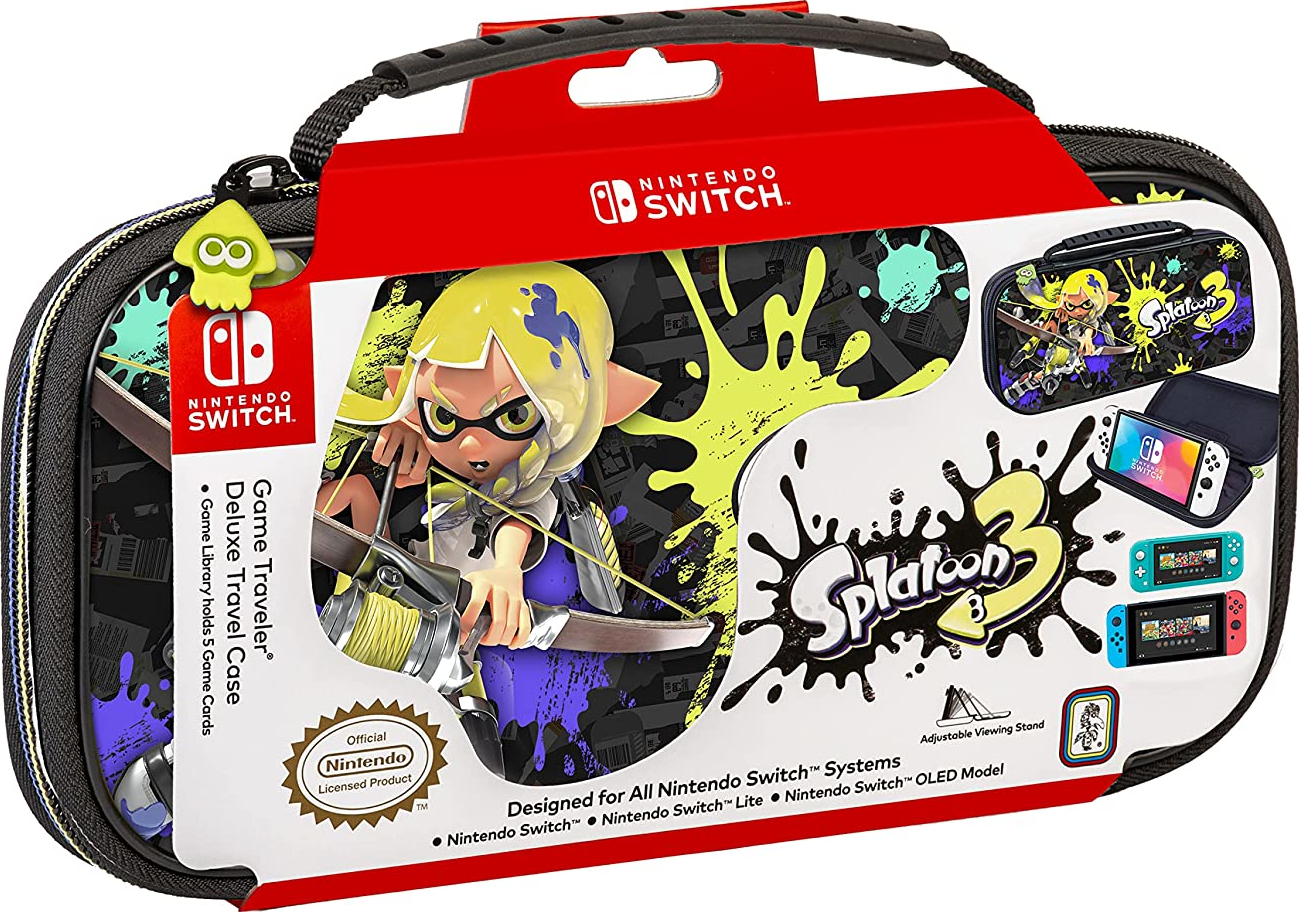 Custodia per Nintendo Switch. Tema Splatoon 3. Cartucce di gioco visibili.
