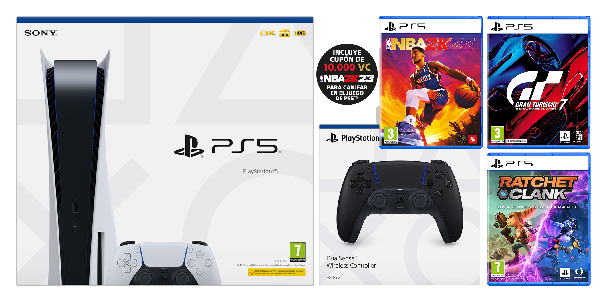 Una consola PlayStation 5, un mando y cajas de juegos se muestran sobre un fondo blanco.