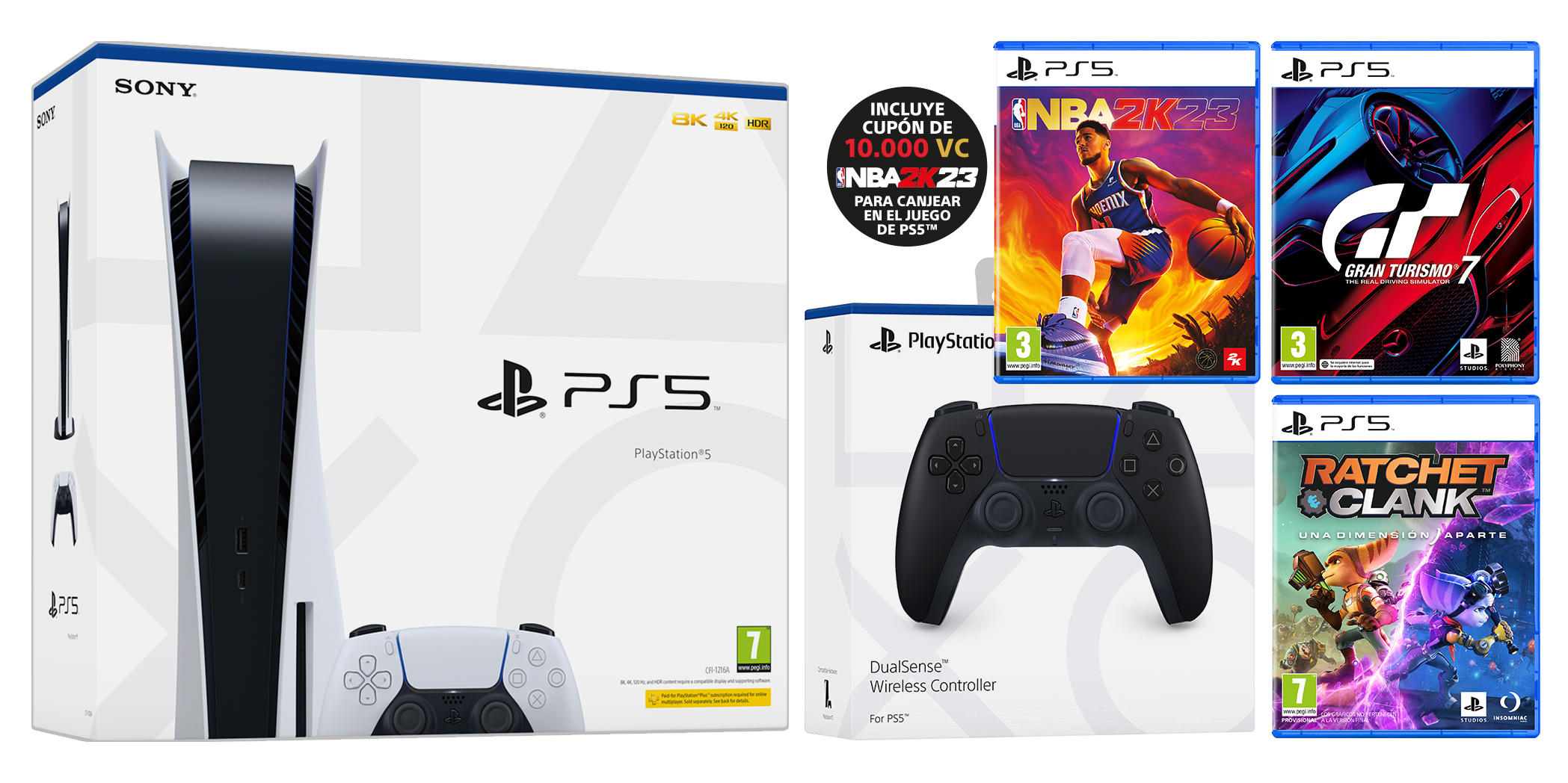 Consola PlayStation 5, mando y carcasas de juegos, sobre un fondo blanco.