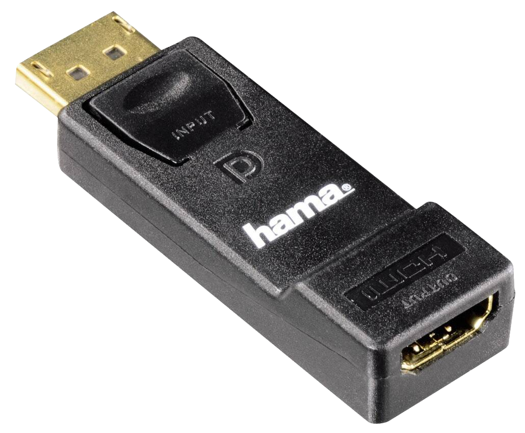 Fekete Hama adapter HDMI és DisplayPort csatlakozókkal. 'P' logóval és 'INPUT' felirattal.