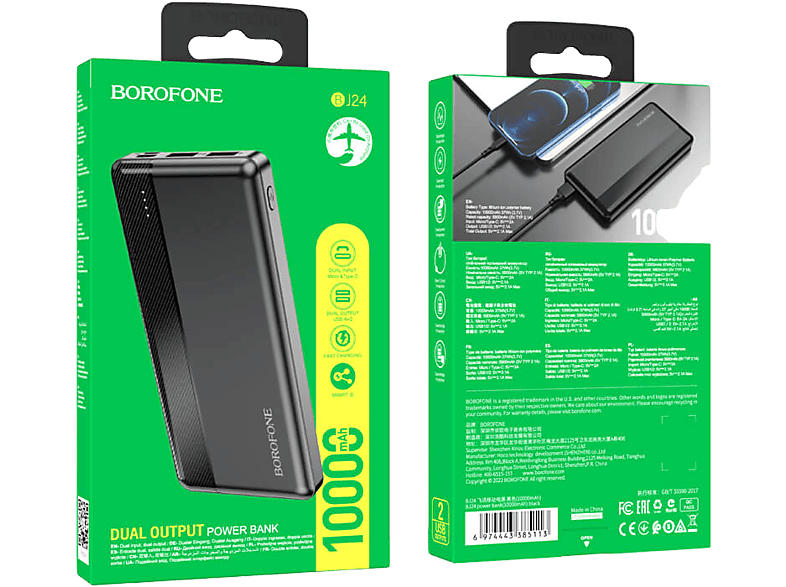 BOROFONE Powerbank 10.000 mAh LED töltésjelzővel Fekete