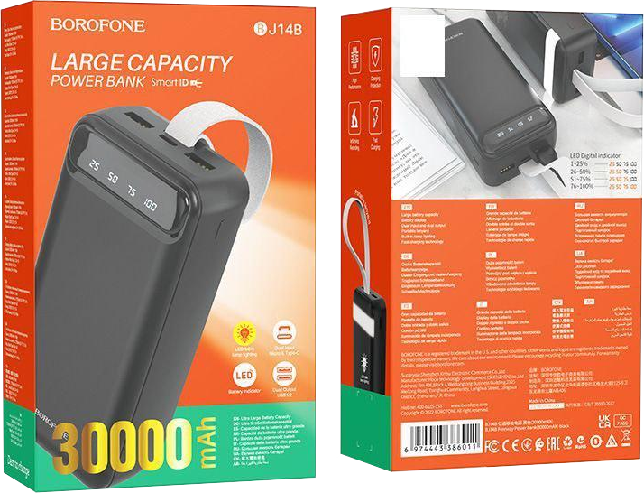 Power bank doboz szöveggel és részletekkel, két oldal látható.