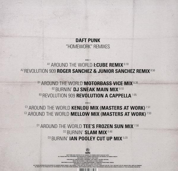 A Daft Punk 'Homework' remixek albumának számlistája, a számok neveivel és részleteivel.