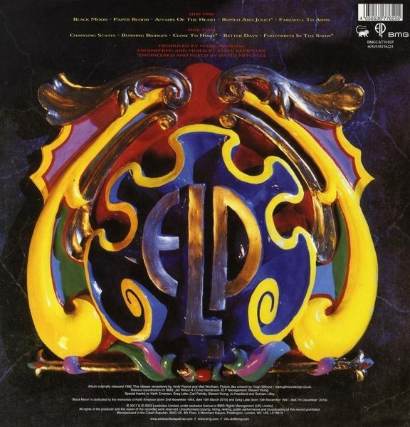 Az ELP "Black Moon" albumának borítója színes dizájnnal és szöveggel.