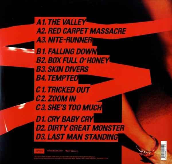 Album borítója számlistával. Piros és fekete dizájn. A1-D3 számok. Duran Duran albuma.
