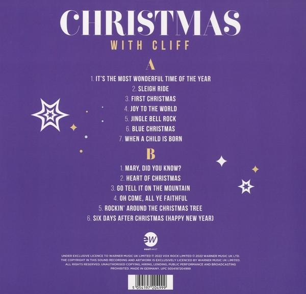 Albumcover mit Weihnachtsliedtiteln. Sterne und dekorativer Text. Lila Hintergrund.