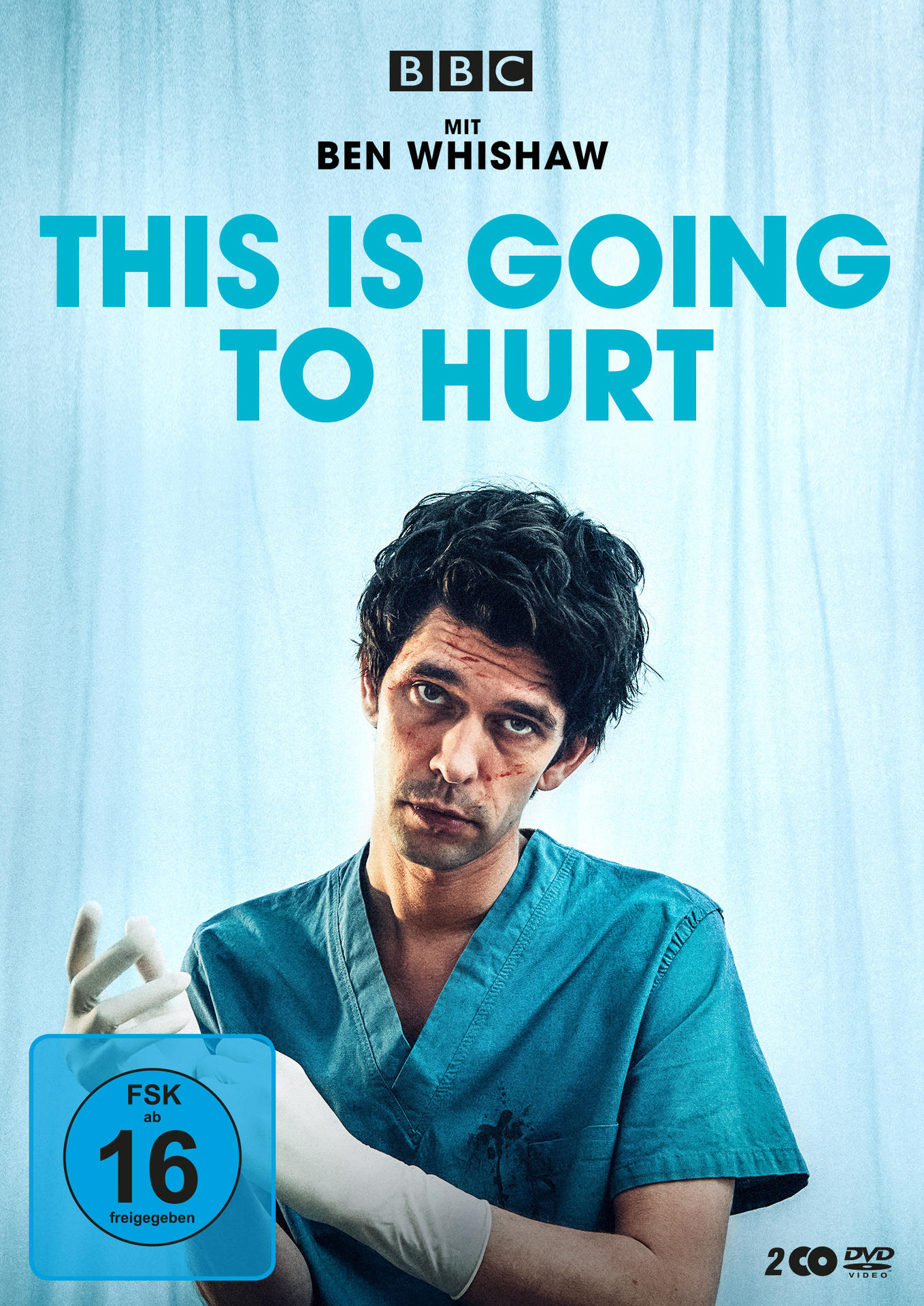 DVD-Cover. Ein Mann in OP-Kleidung mit Blut im Gesicht. Text: 'This is going to hurt'.