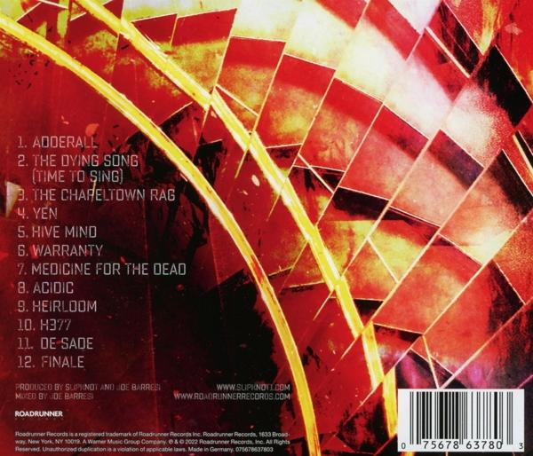 Albumcover mit Titelliste. Rotes und gelbes Design. Weißer Hintergrund.