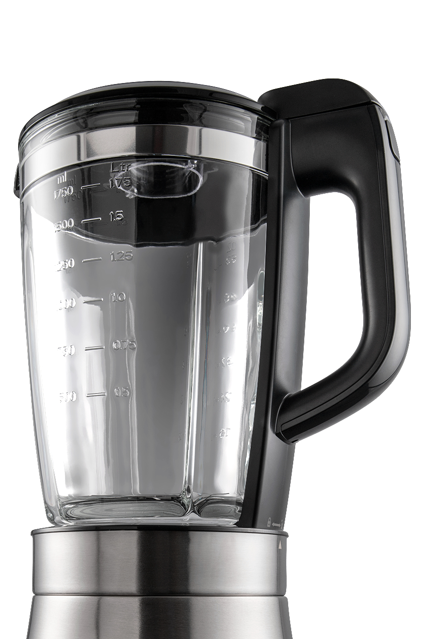Klarer Mixer mit Messungen, schwarzem Griff und Deckel.