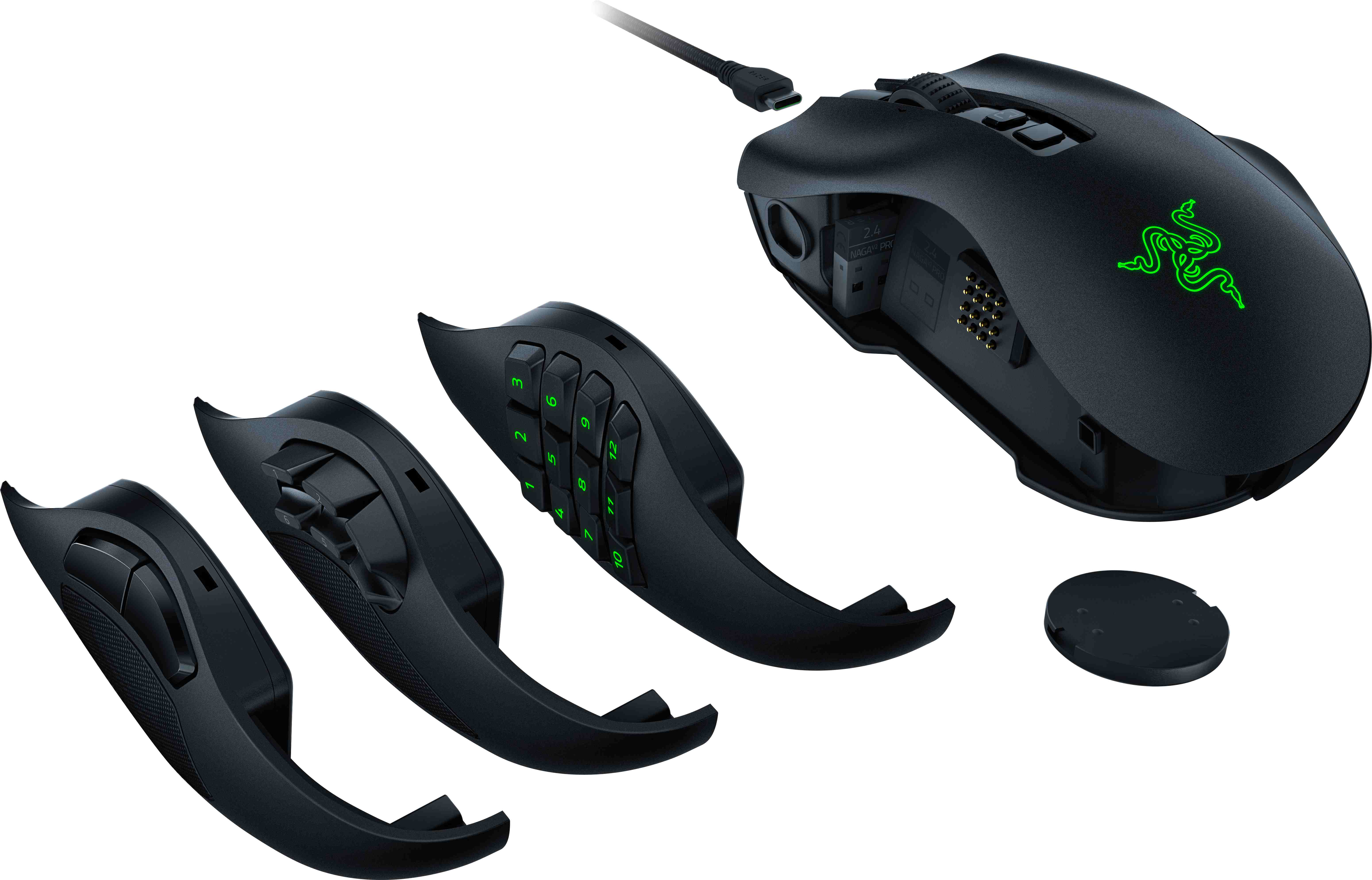 Schwarze Gaming-Maus mit abnehmbaren Seitentasten. Razer-Logo vorhanden.