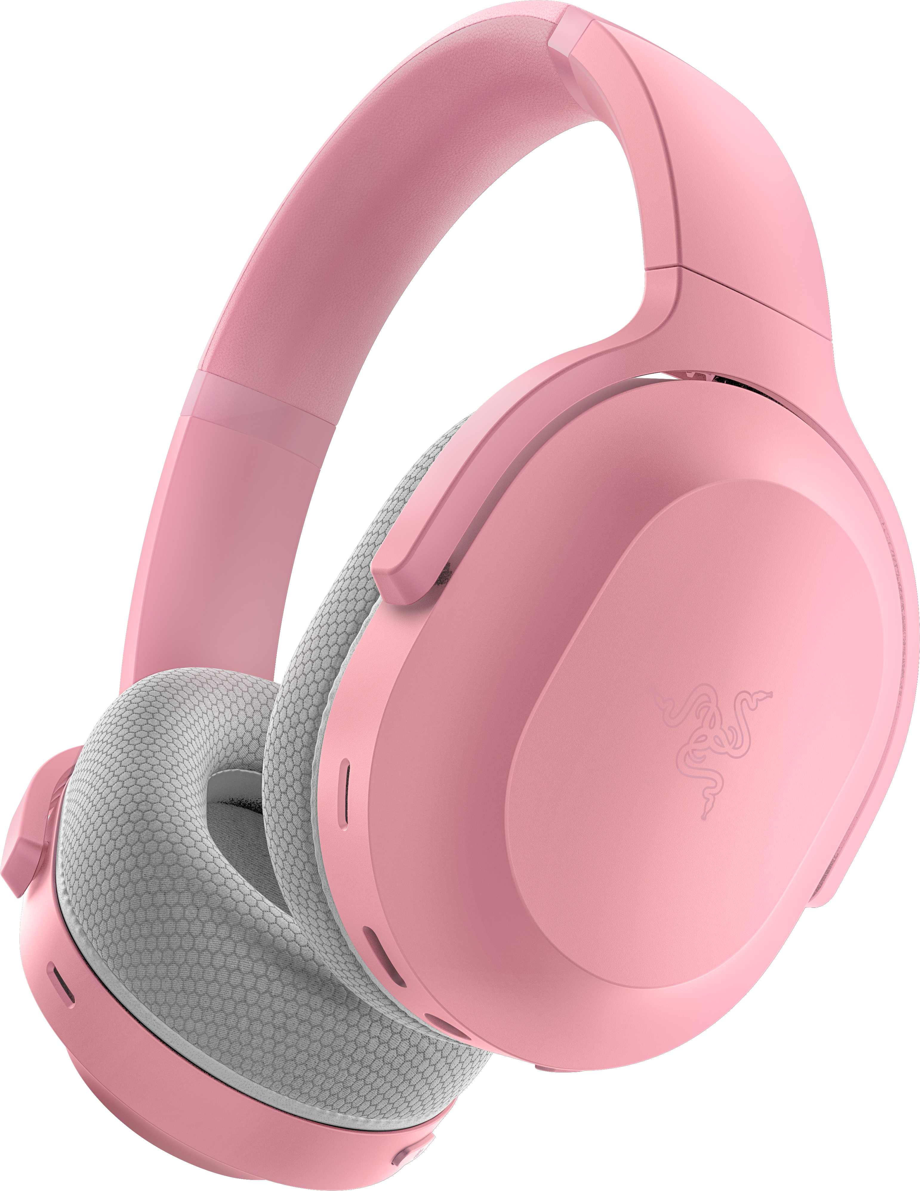 Pinkfarbene Razer-Kopfhörer mit grauen Ohrmuscheln. Razer-Logo sichtbar.