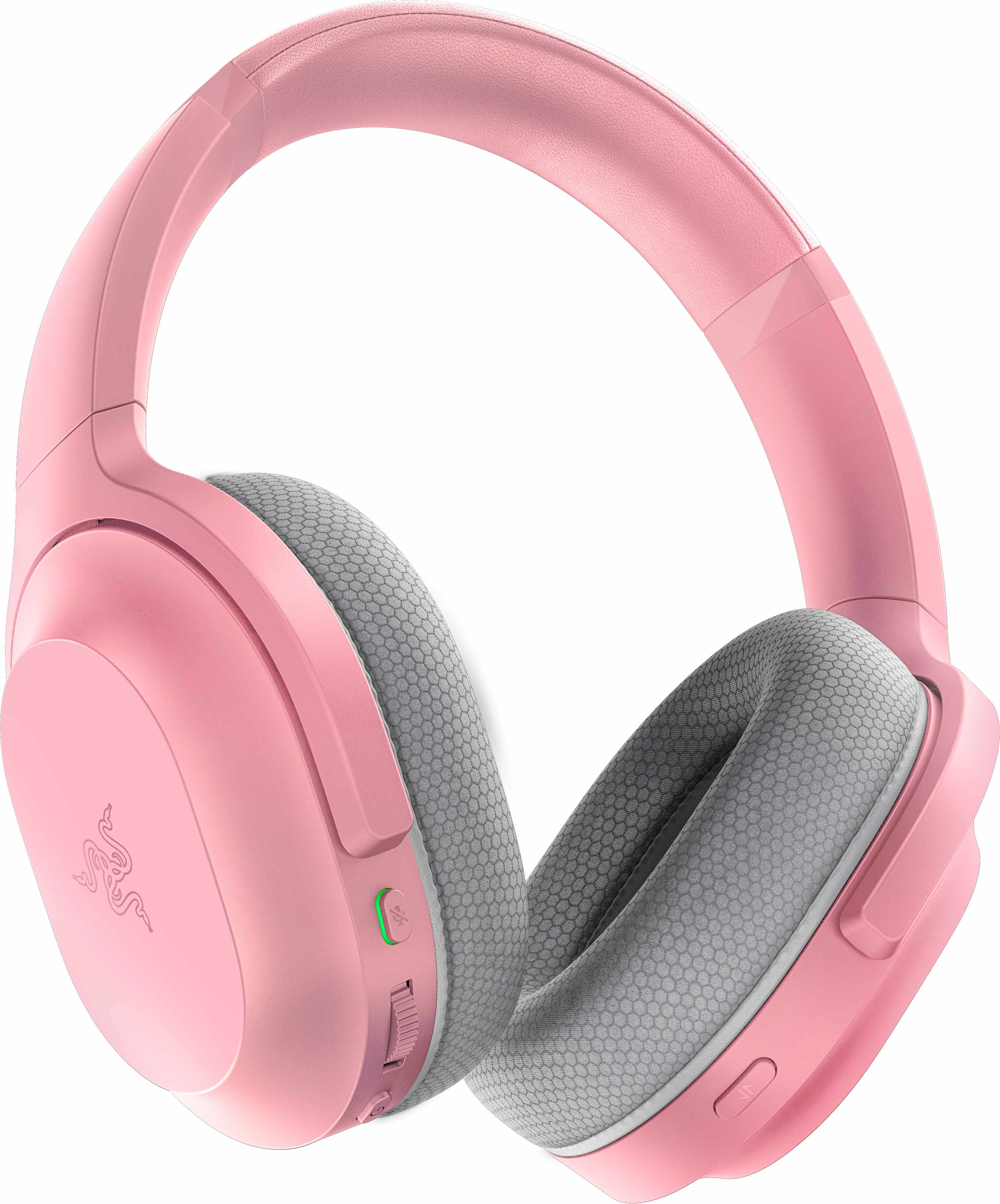 Drahtlose rosa Kopfhörer. Die Ohrmuscheln sind grau mit einem rosa Kopfband.