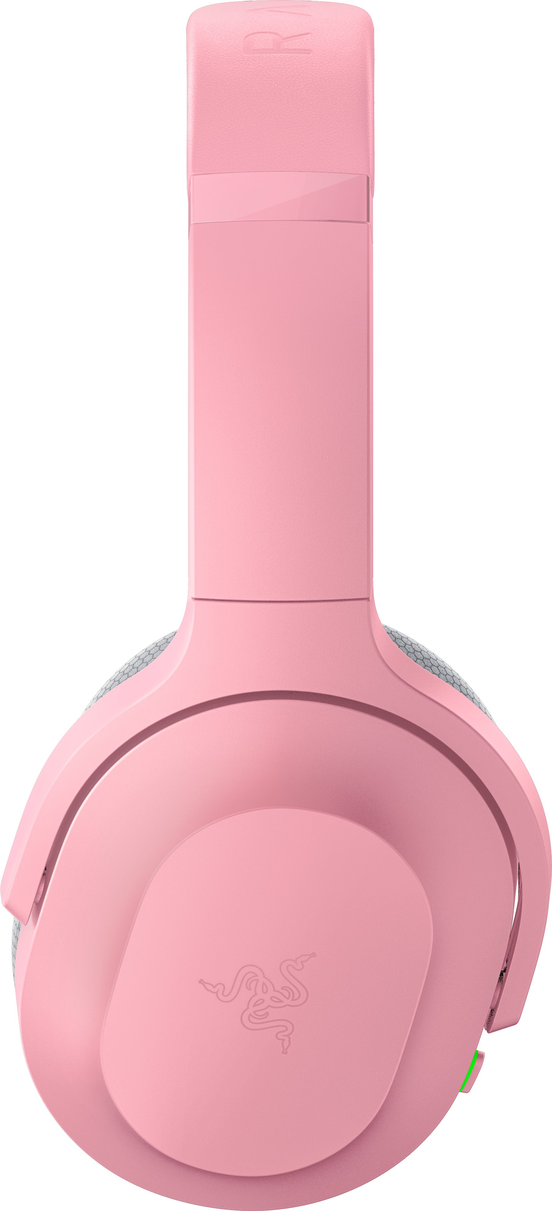 Drahtlose pinkfarbene Kopfhörer, Seitenansicht.