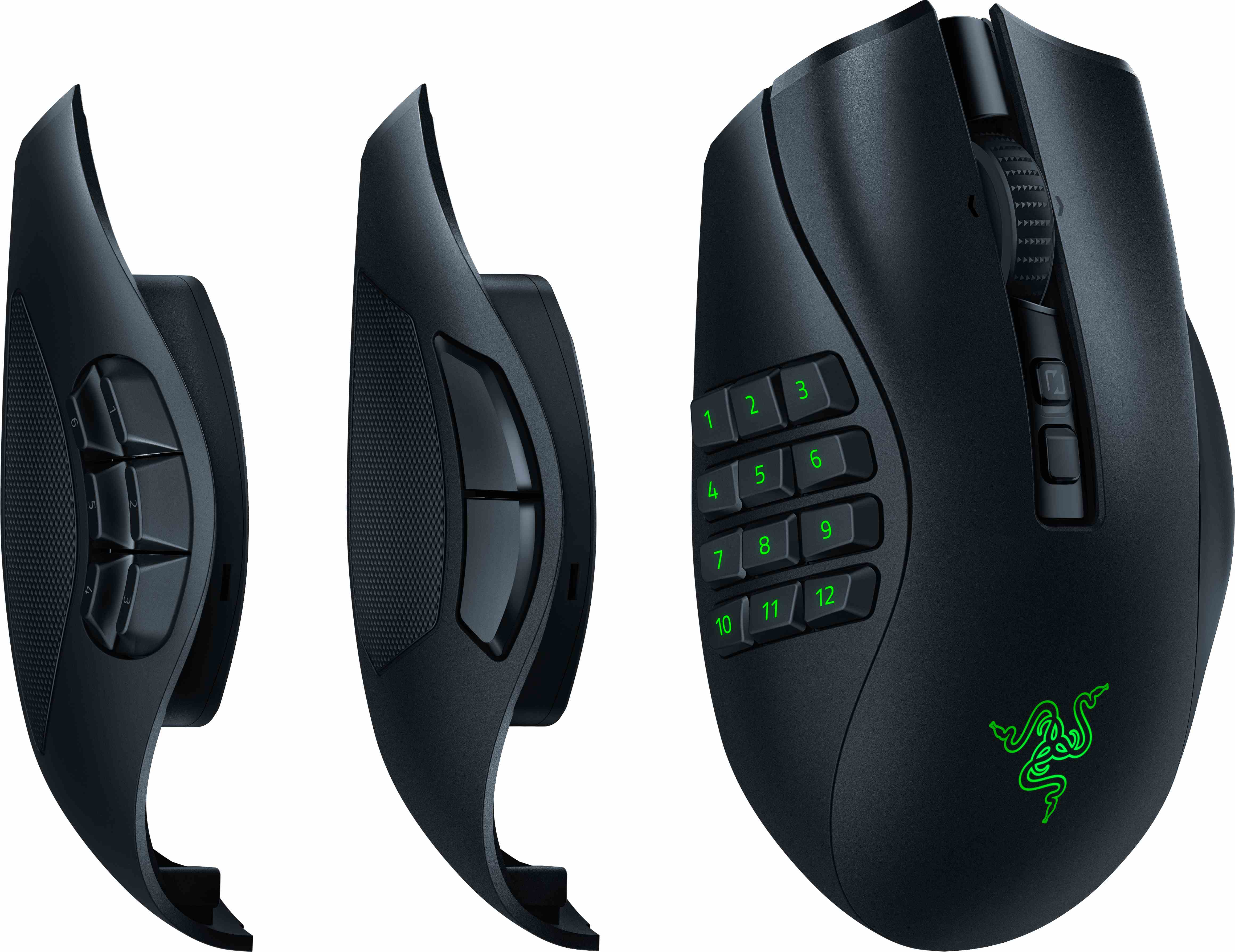 Drei Ansichten einer schwarzen Gaming-Maus mit mehreren Seitentasten und einem Scrollrad.