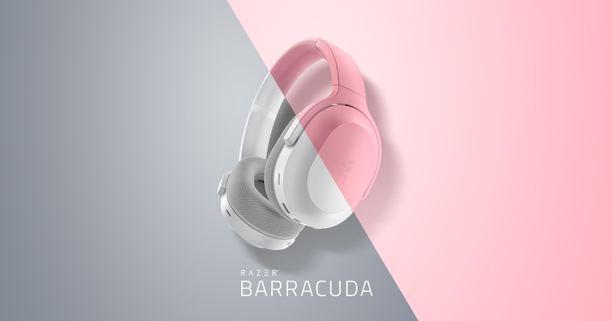 Pinkfarbene und weiße Kopfhörer auf grauem und pinkfarbenem Hintergrund mit dem Wort BARRACUDA.