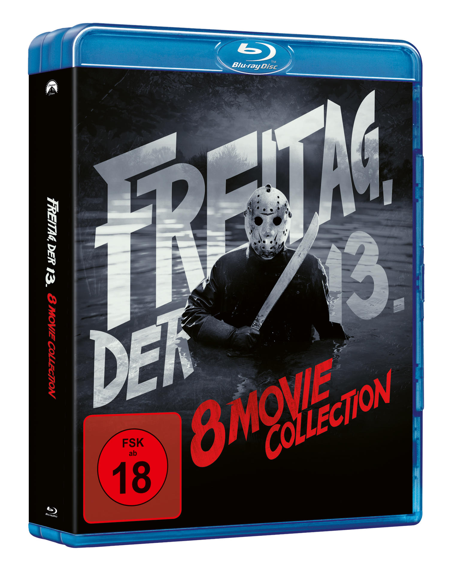 Blu-ray-Disc-Hülle mit einem dunklen Bild eines Mannes im Wasser mit Hockeymaske und Messer,