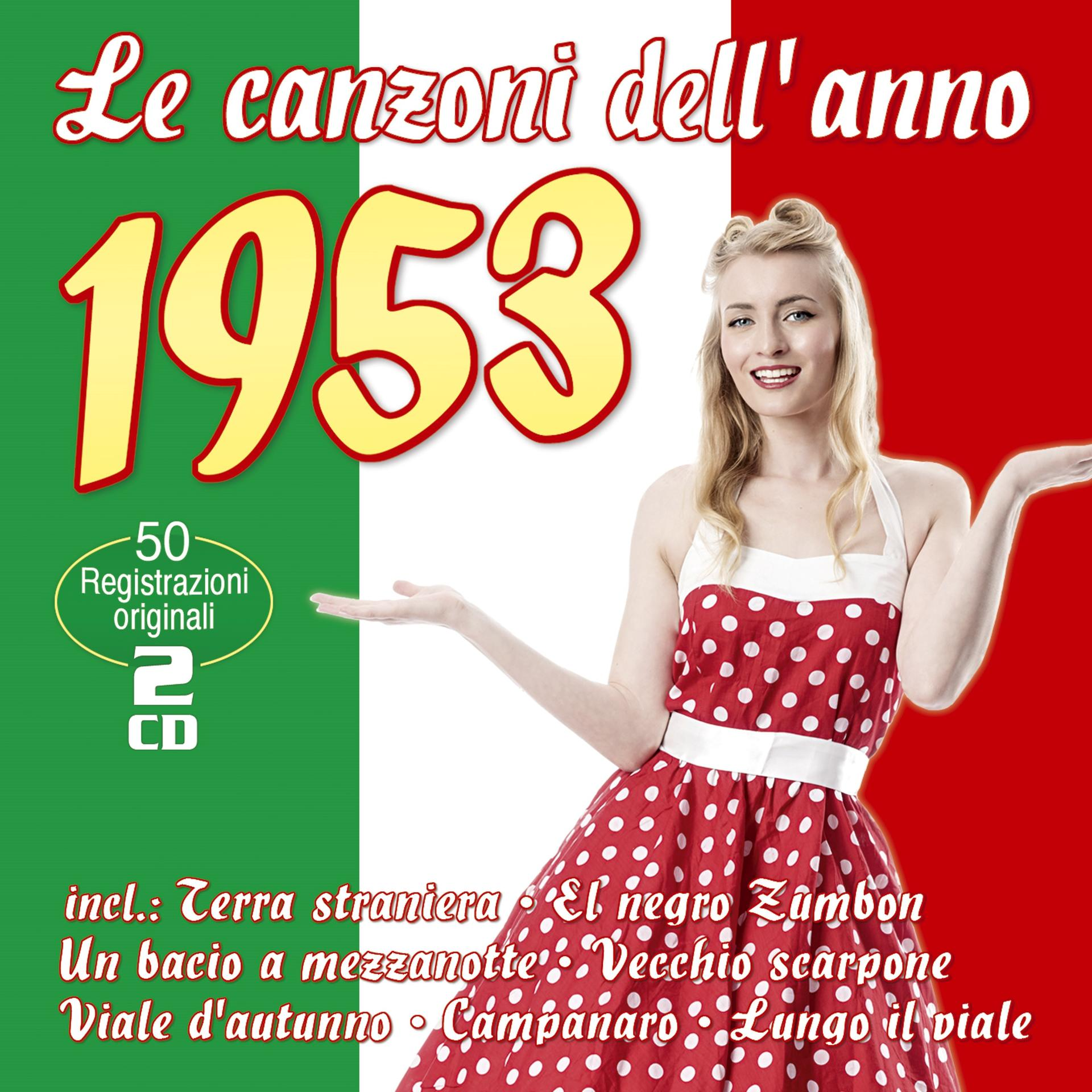 Albumcover: Italienische Flaggenfarben, Frau im Polka-Dot-Kleid, Text 'Le canzoni dell'anno 1953' und Titelliste.