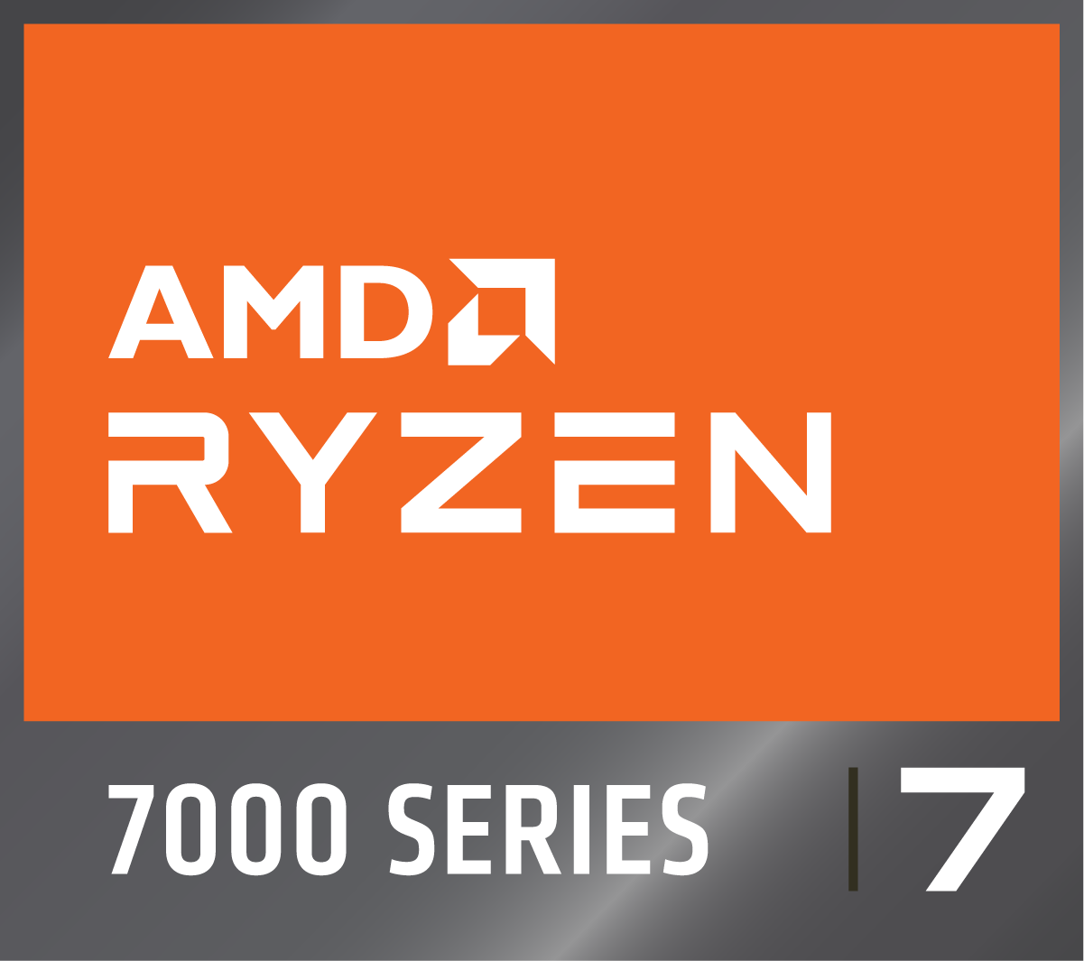 AMD Ryzen 7, 7000 Serie Logo auf orangefarbenem Hintergrund.