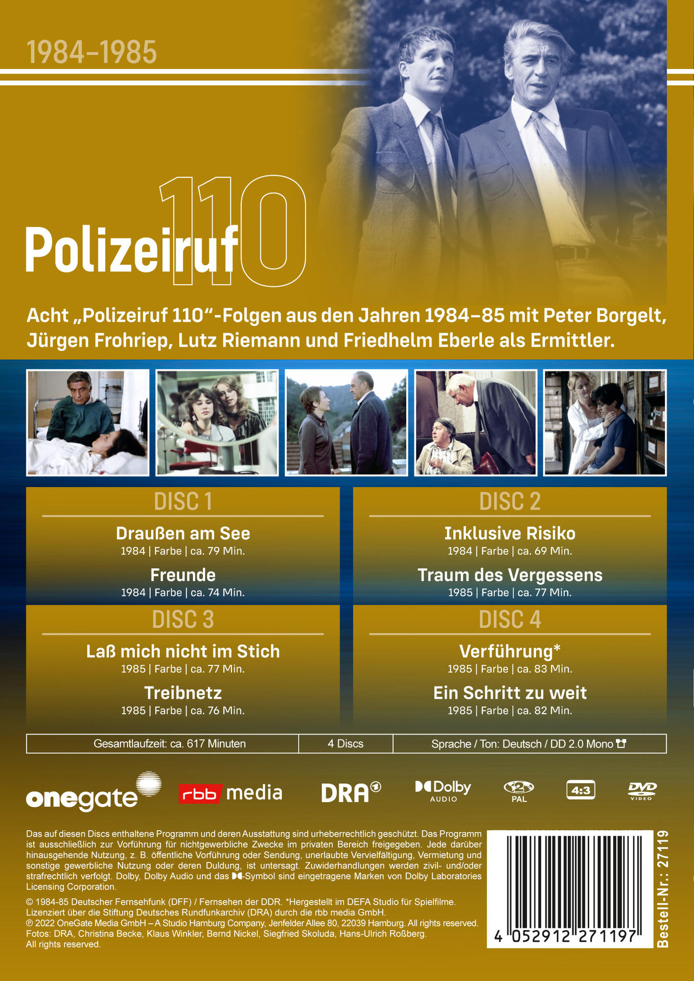 DVD-Hülle mit dem Titel 'Polizeiruf 110'. Es enthält Bilder der Schauspieler und die Titel der Discs.