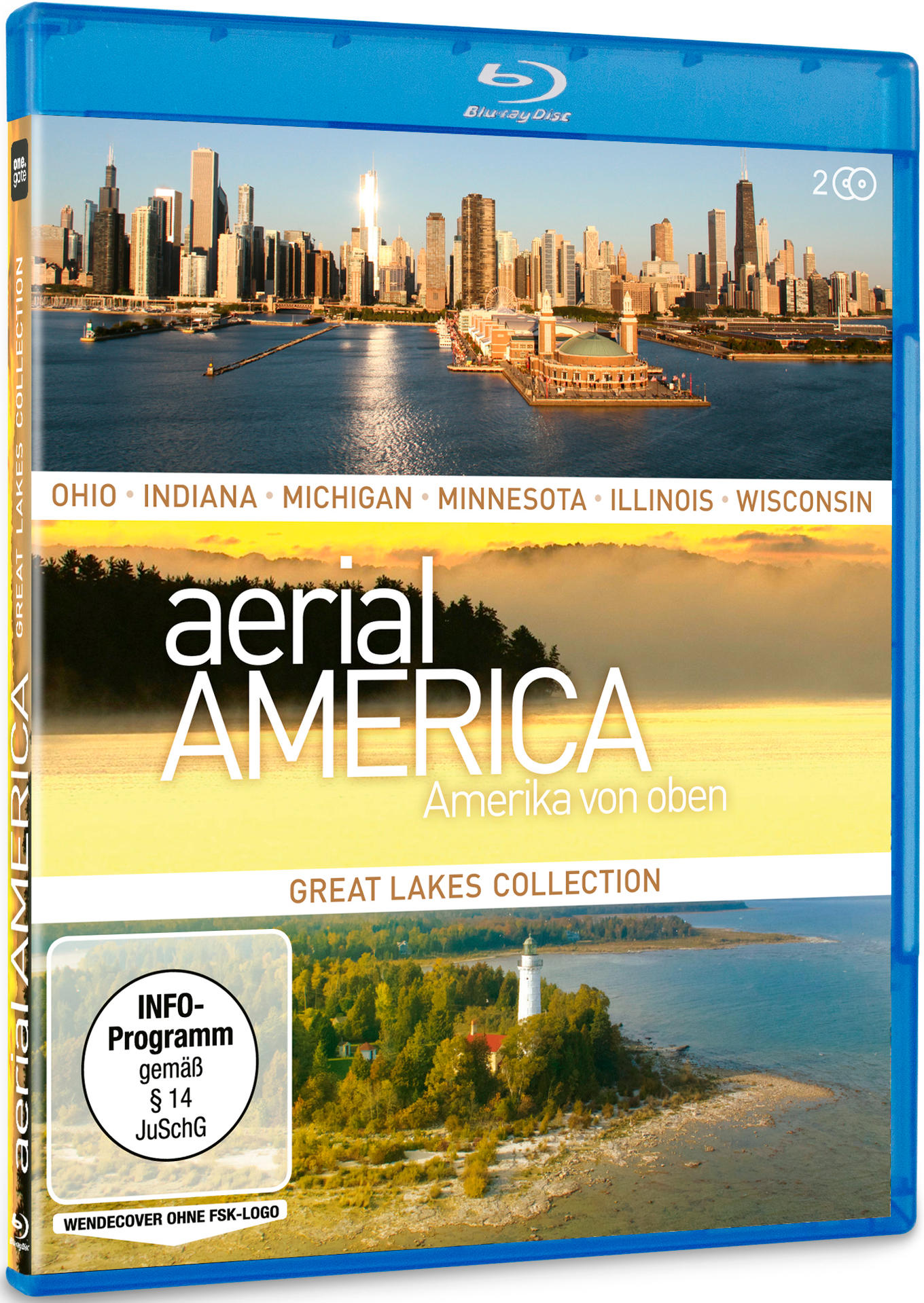 Blu-ray-Hülle mit Skyline und See, Titel ist Aerial America.
