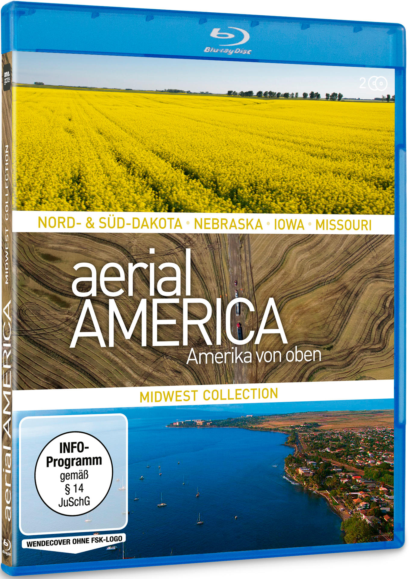 Ein Blu-ray-Disc-Case mit einem Feld gelber Blumen. Text: Aerial America, Midwest Collection.