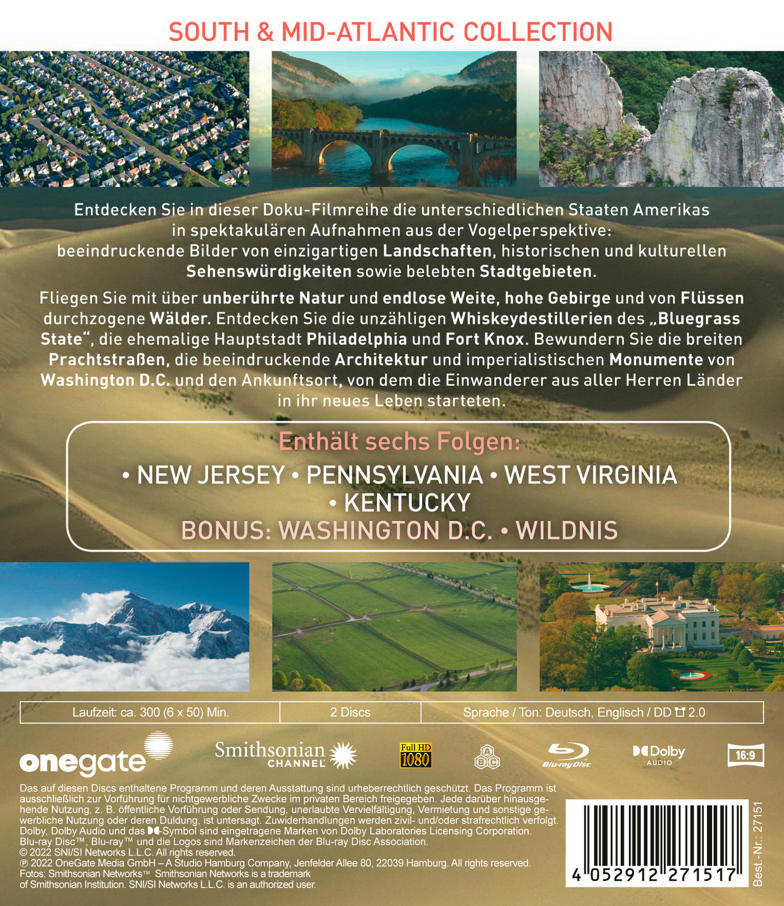 DVD-Hülle mit Bildern von Landschaften und Text über Orte in den USA.