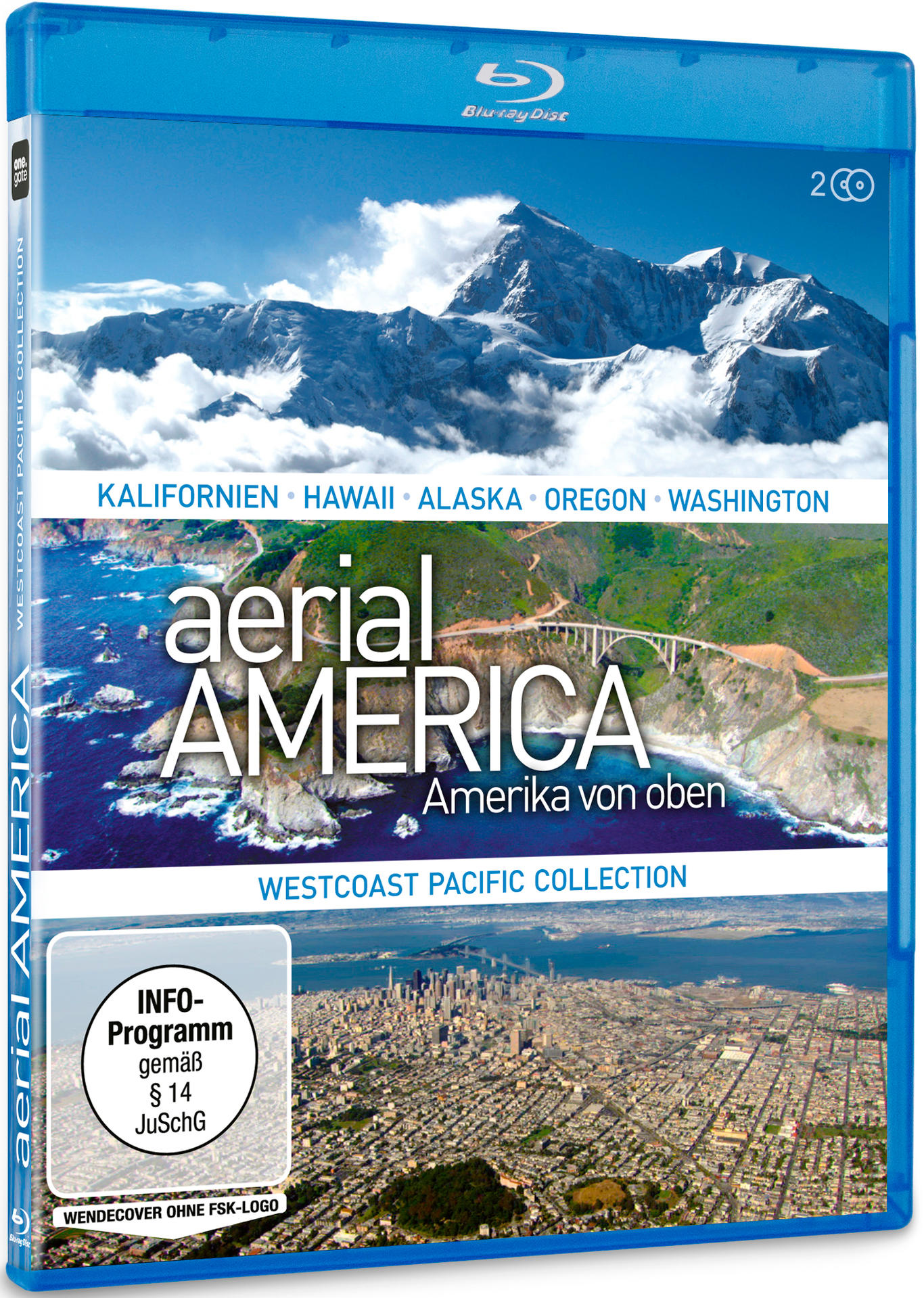 Blu-ray-Disc-Hülle mit dem Titel: Aerial America. Bild von Bergen und einer Stadtlandschaft. Blaues Gehäuse.