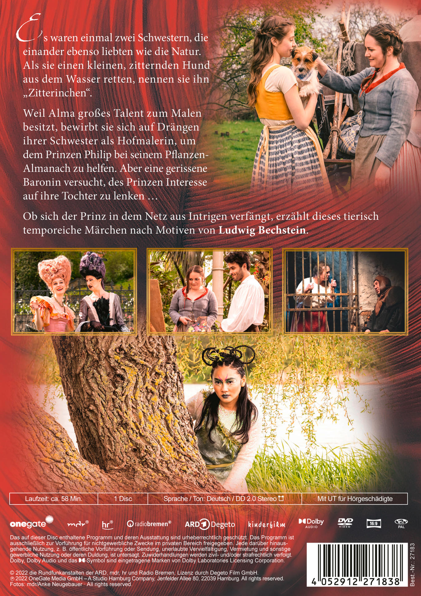 Rückseite einer DVD-Hülle. Drei Personen mit einem Hund und Szenen aus einem Film werden gezeigt.