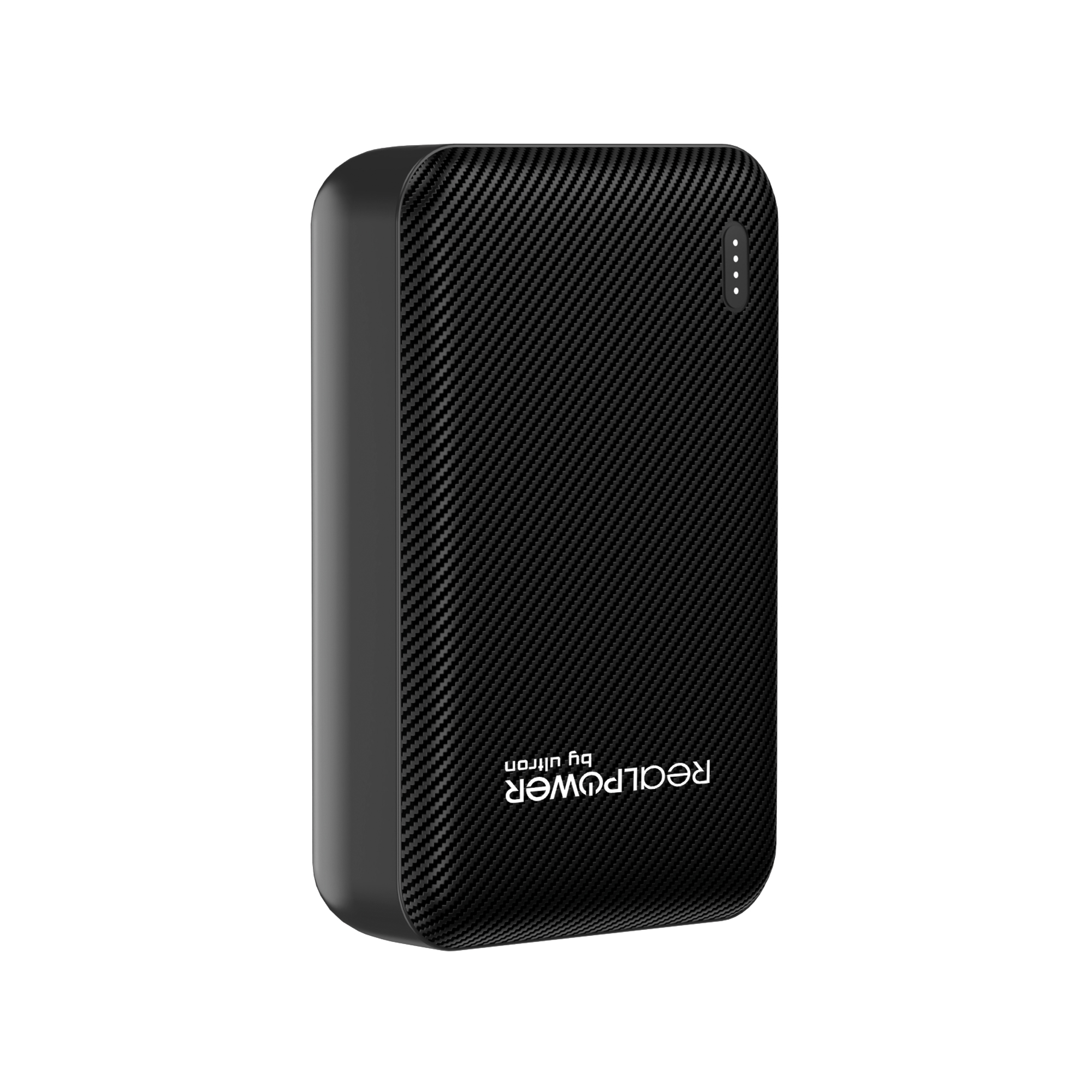 Schwarze Realpower Powerbank. Kohlefaser-Textur.