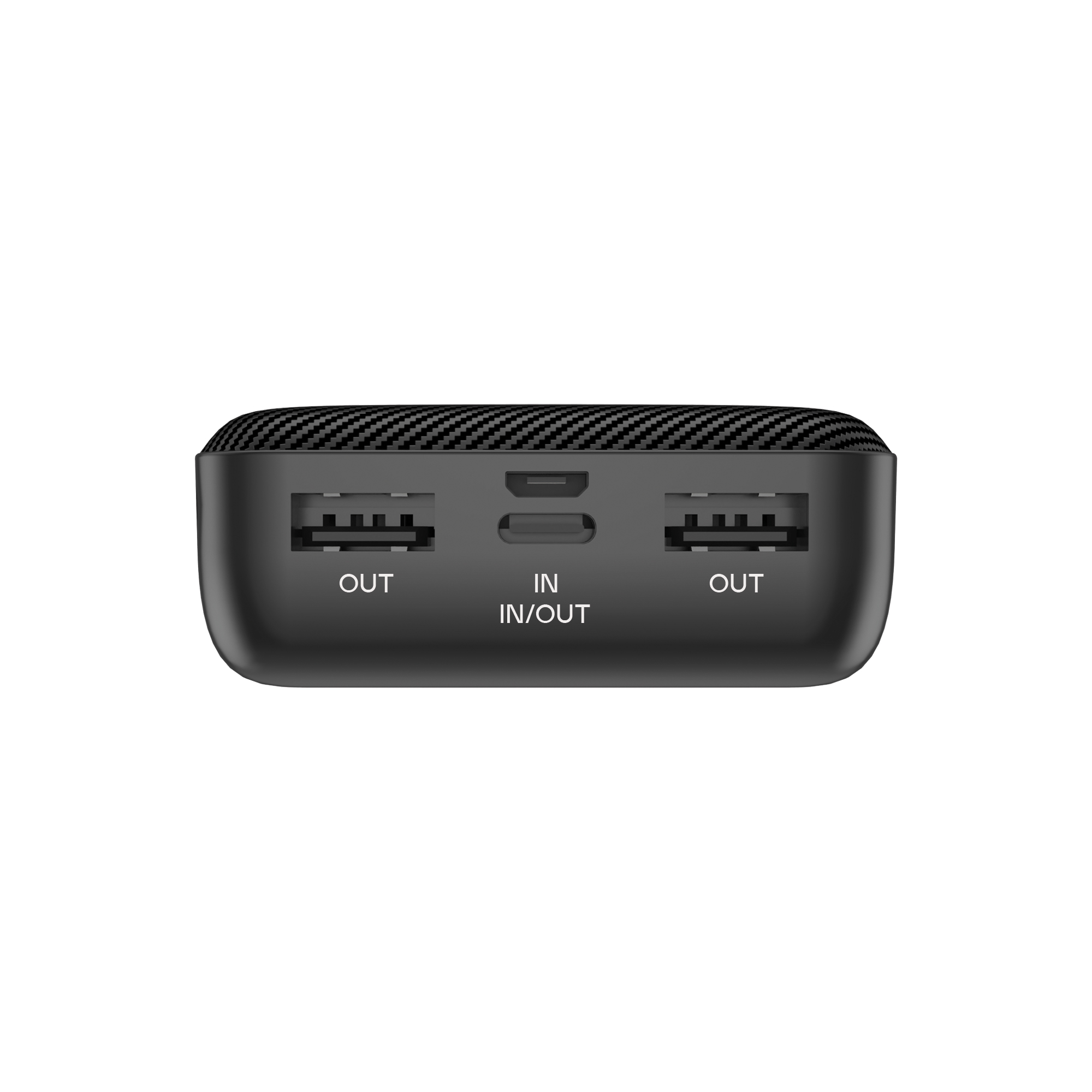 Schwarze Powerbank mit Anschlüssen. 'OUT' und 'IN/OUT' sind sichtbar.