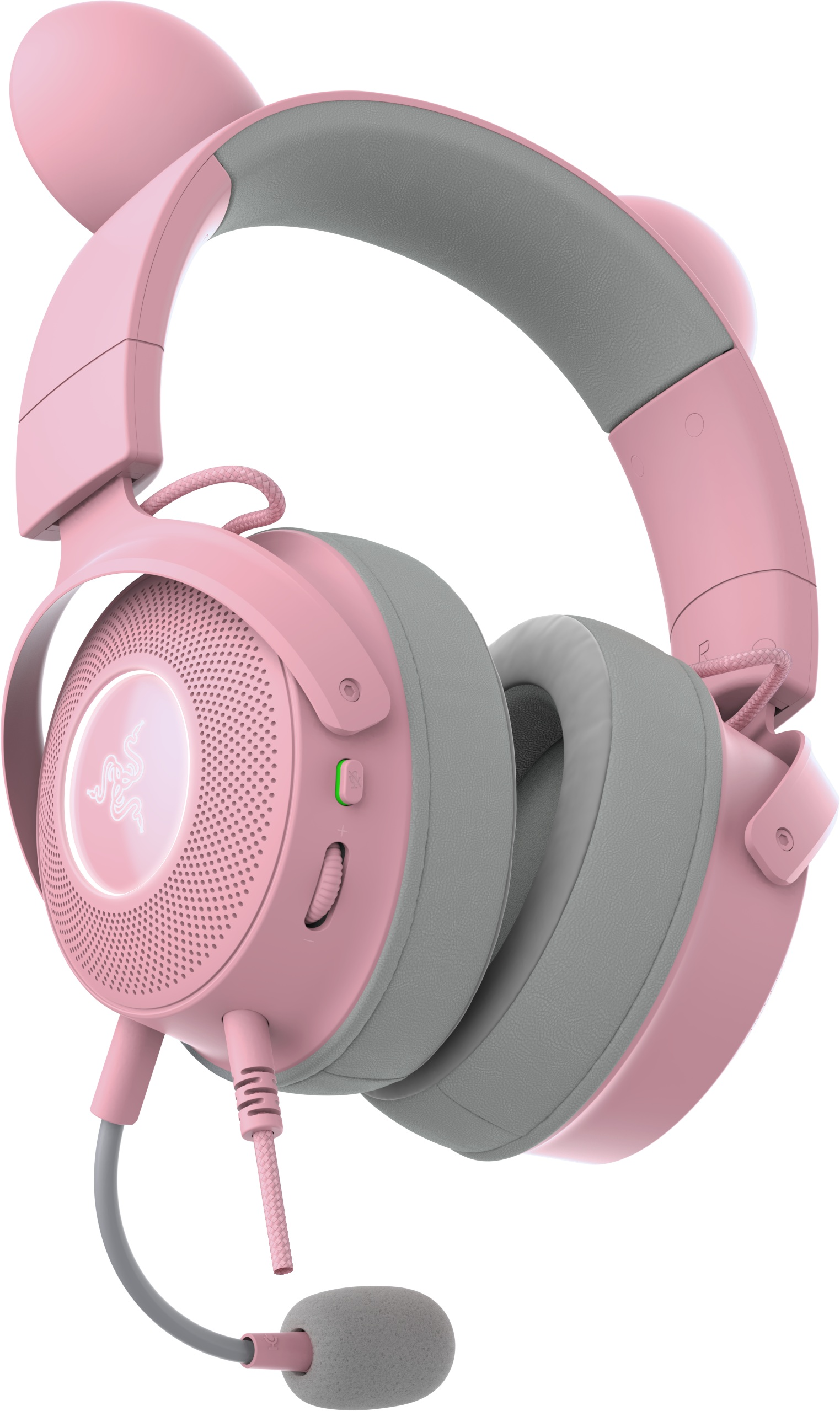 Rosa Razer Gaming-Headset mit Katzenohren, grauen Polstern und Mikrofon.